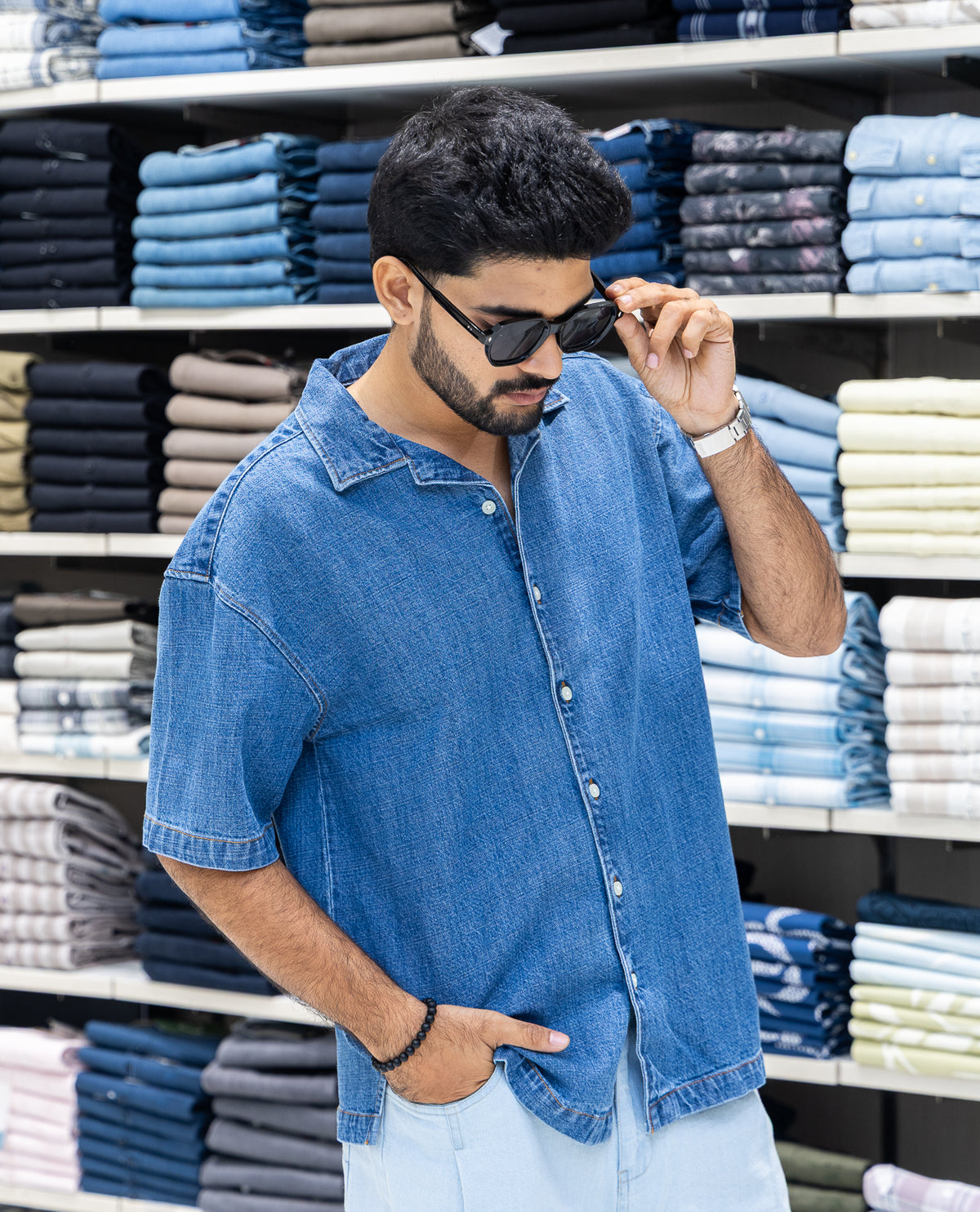 Mid Blue Solid Denim Casual Shirt