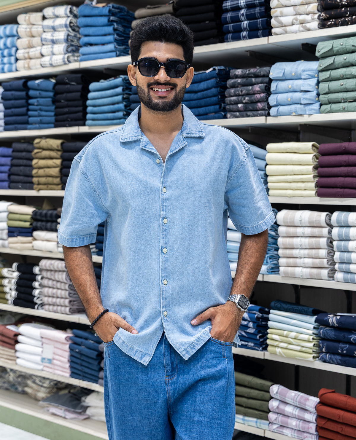 Ice Blue Solid Denim Casual Shirt
