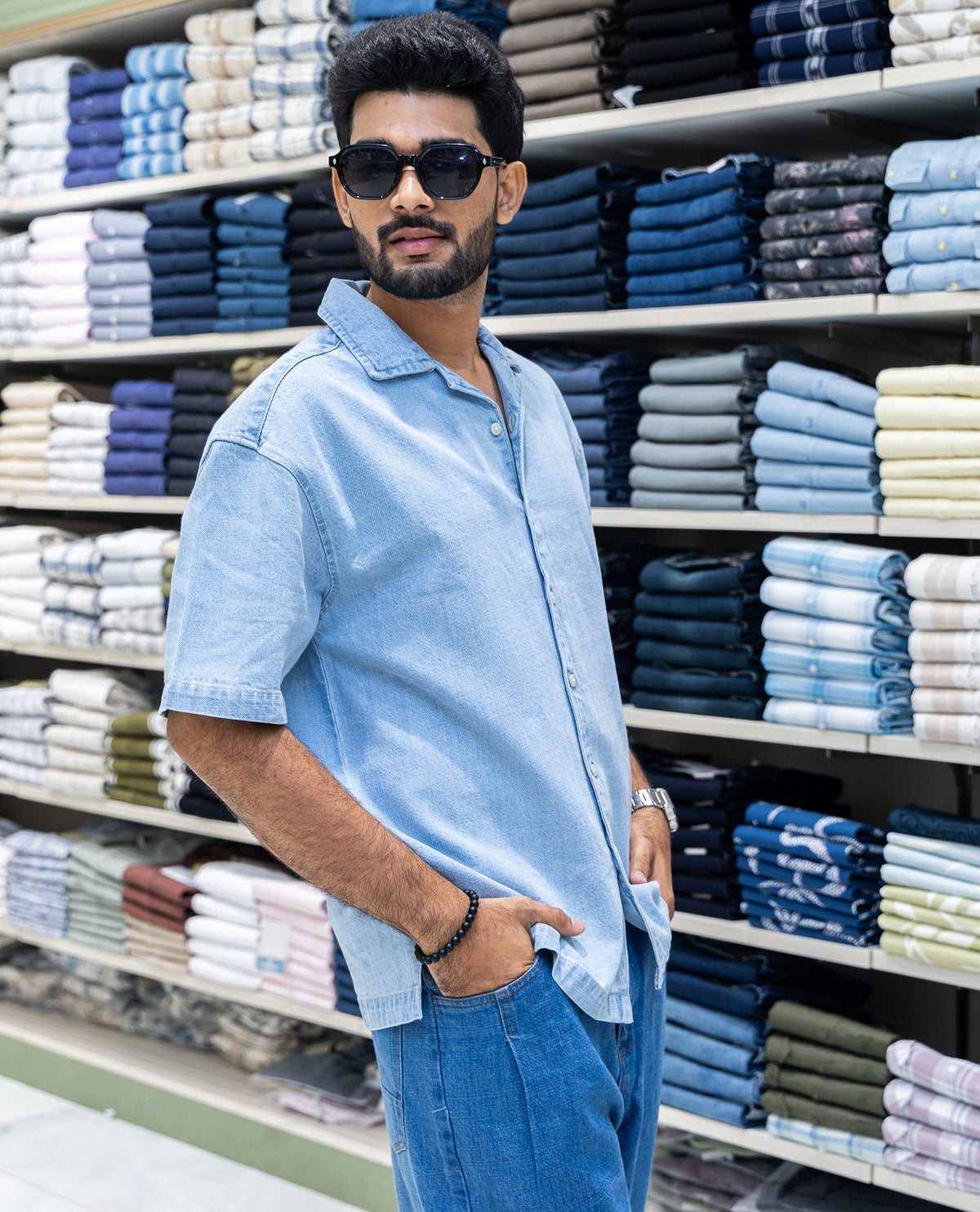Ice Blue Solid Denim Casual Shirt