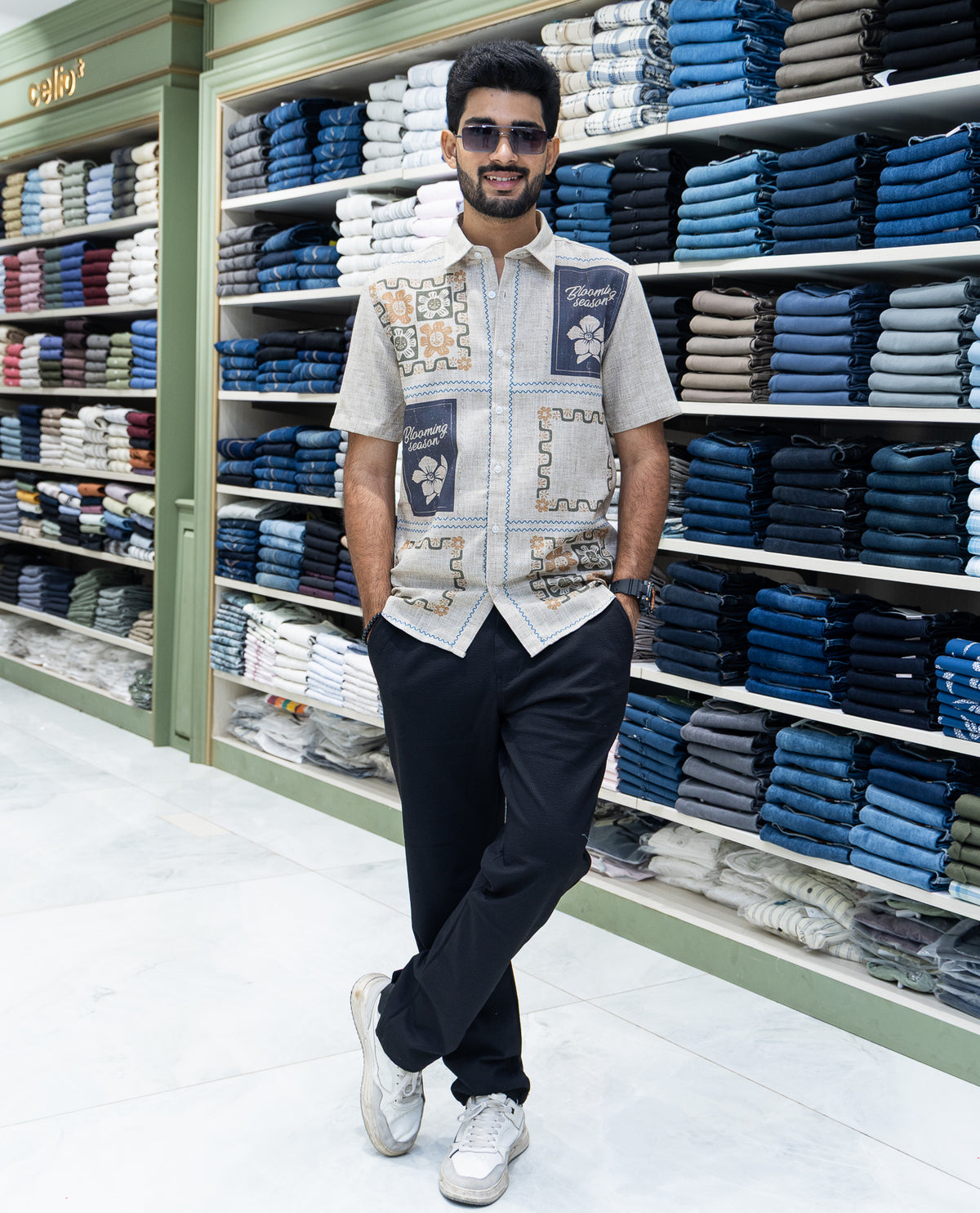 Cream Unique Print Cotton-Blended Casual Shirt