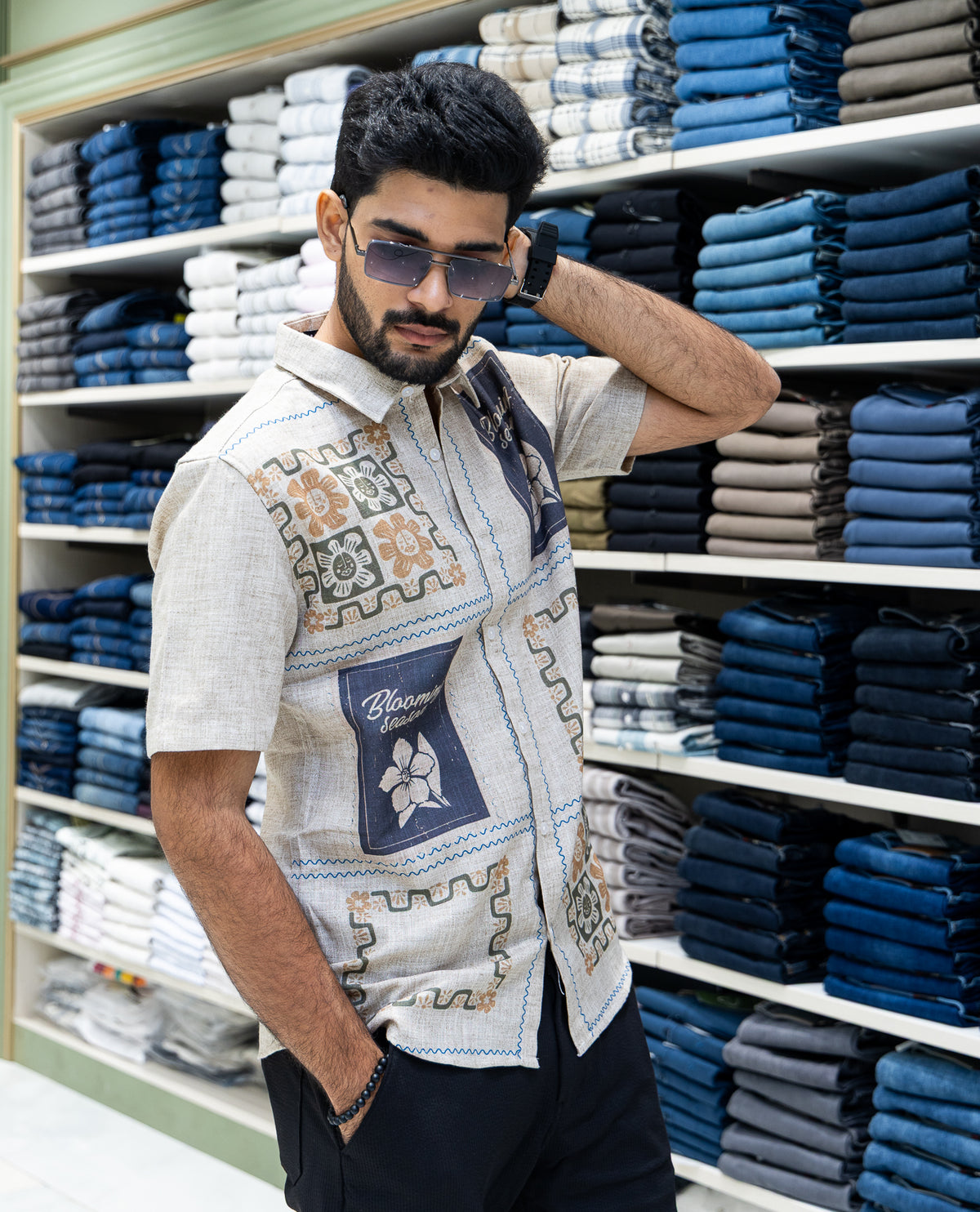 Cream Unique Print Cotton-Blended Casual Shirt