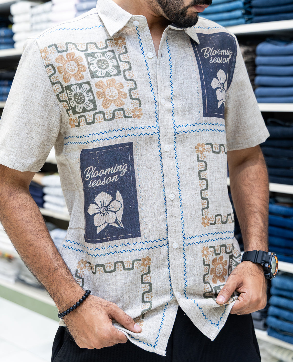 Cream Unique Print Cotton-Blended Casual Shirt