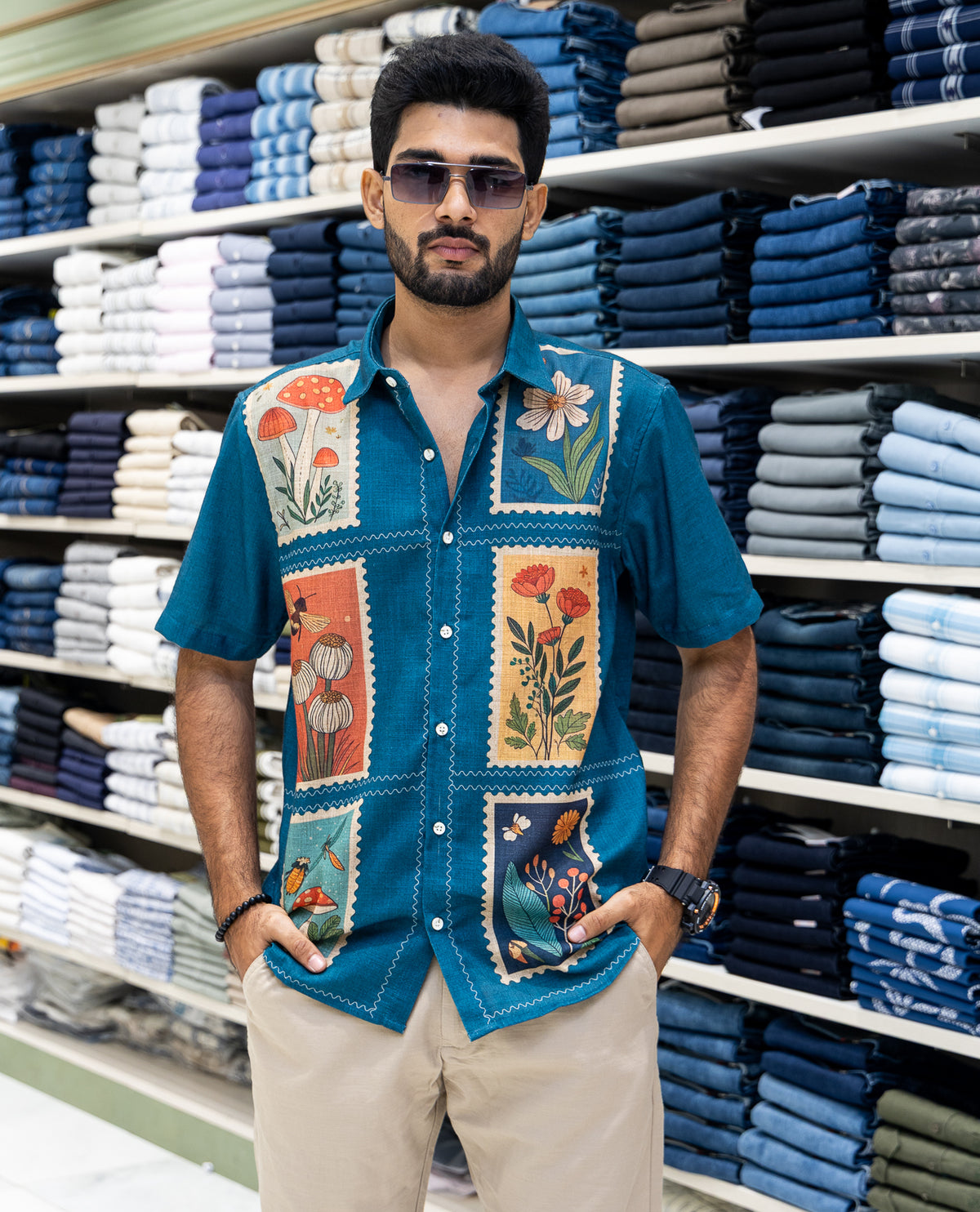 Blue Cotton-Blended Casual Shirt