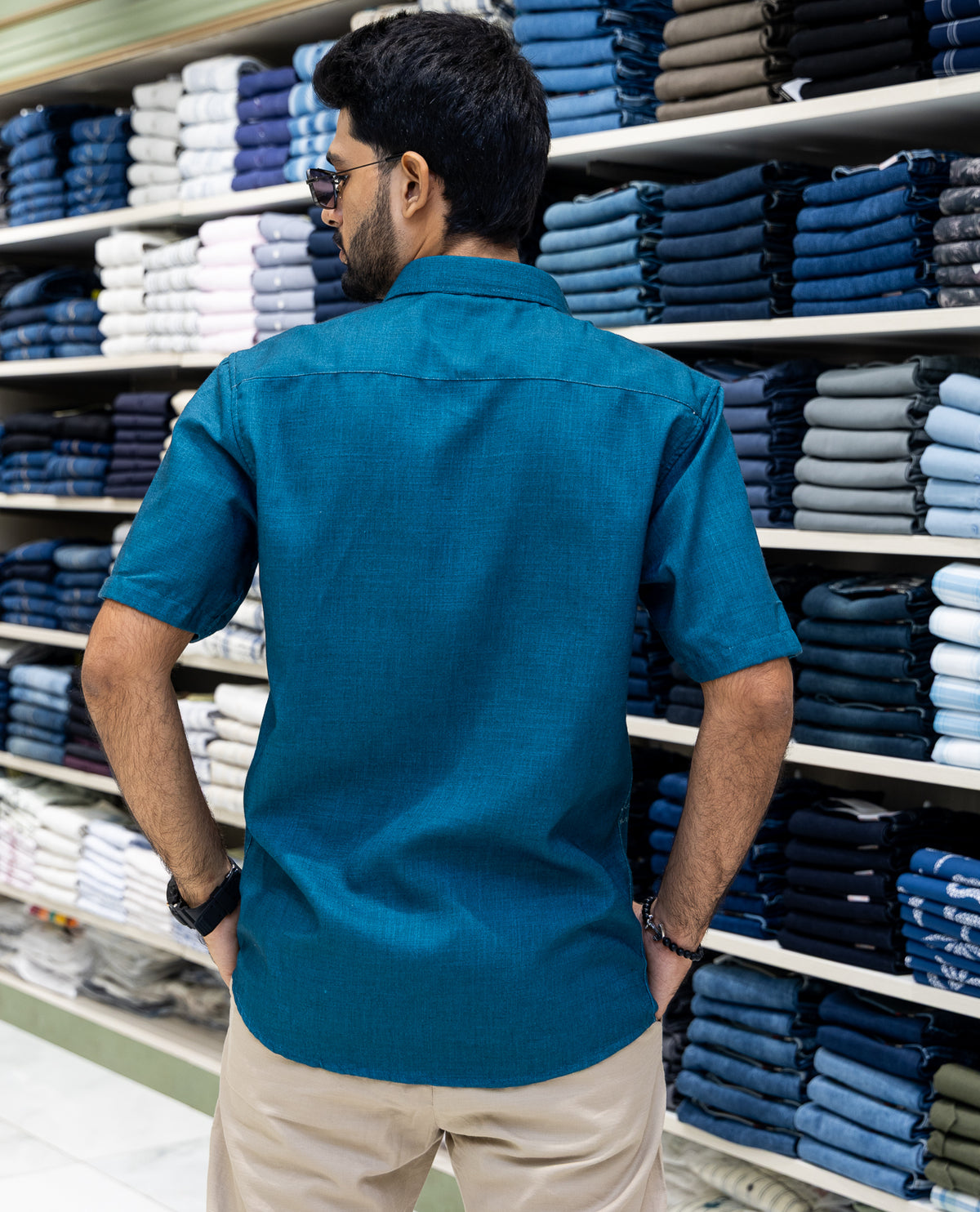 Blue Cotton-Blended Casual Shirt