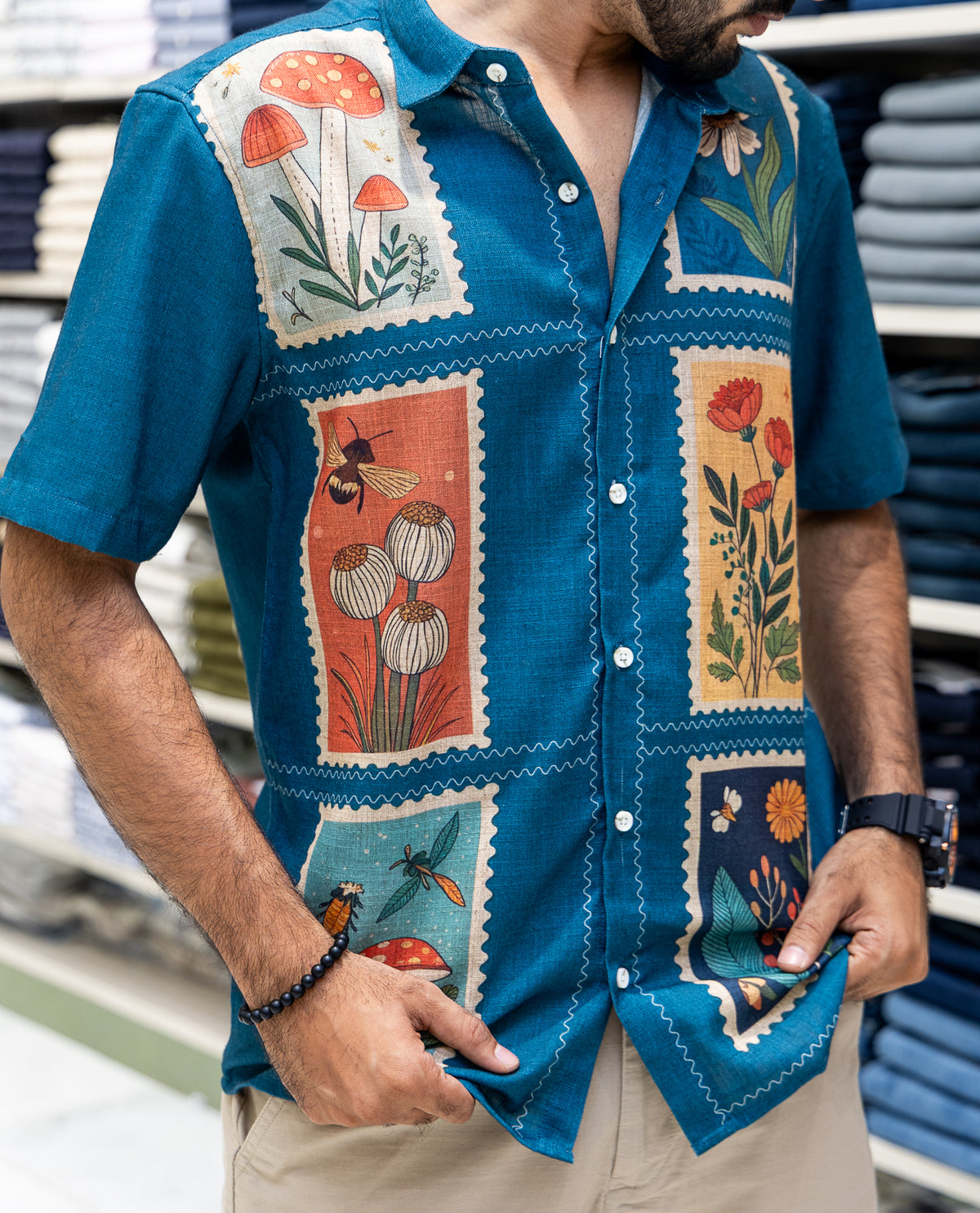 Blue Cotton-Blended Casual Shirt