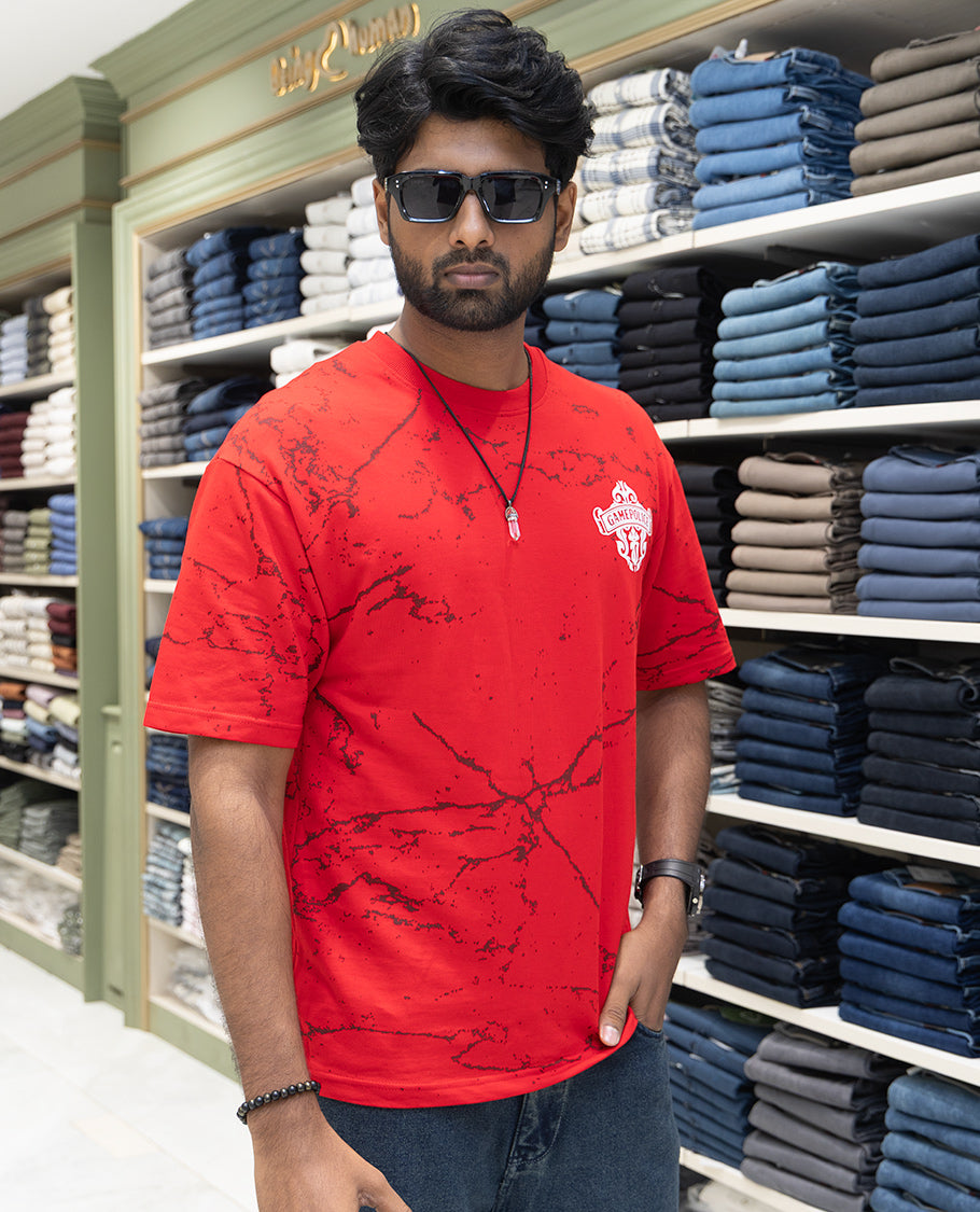 Red Oversized Cotton-Blended T-Shirt