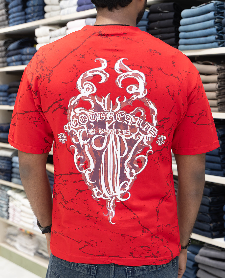 Red Oversized Cotton-Blended T-Shirt