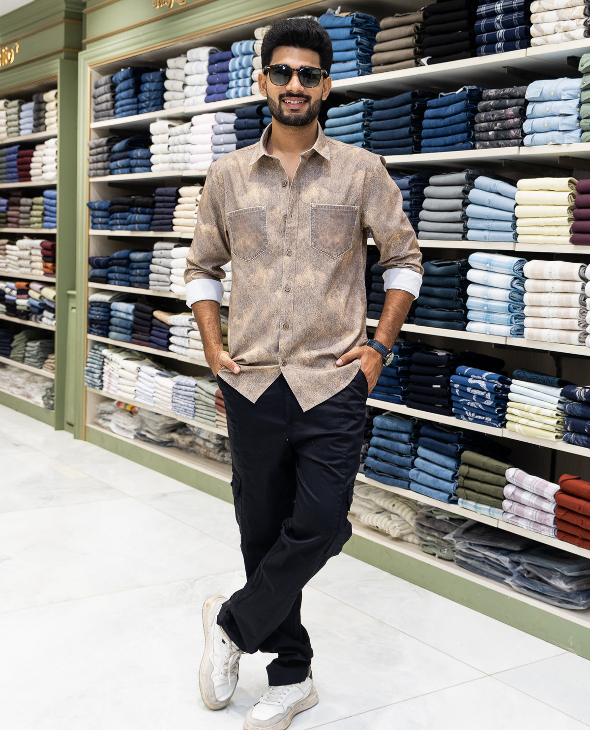 Brown Denim Cotton-Blended Casual-Shirt