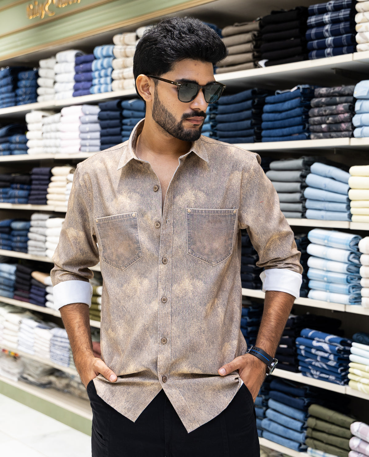 Brown Denim Cotton-Blended Casual-Shirt
