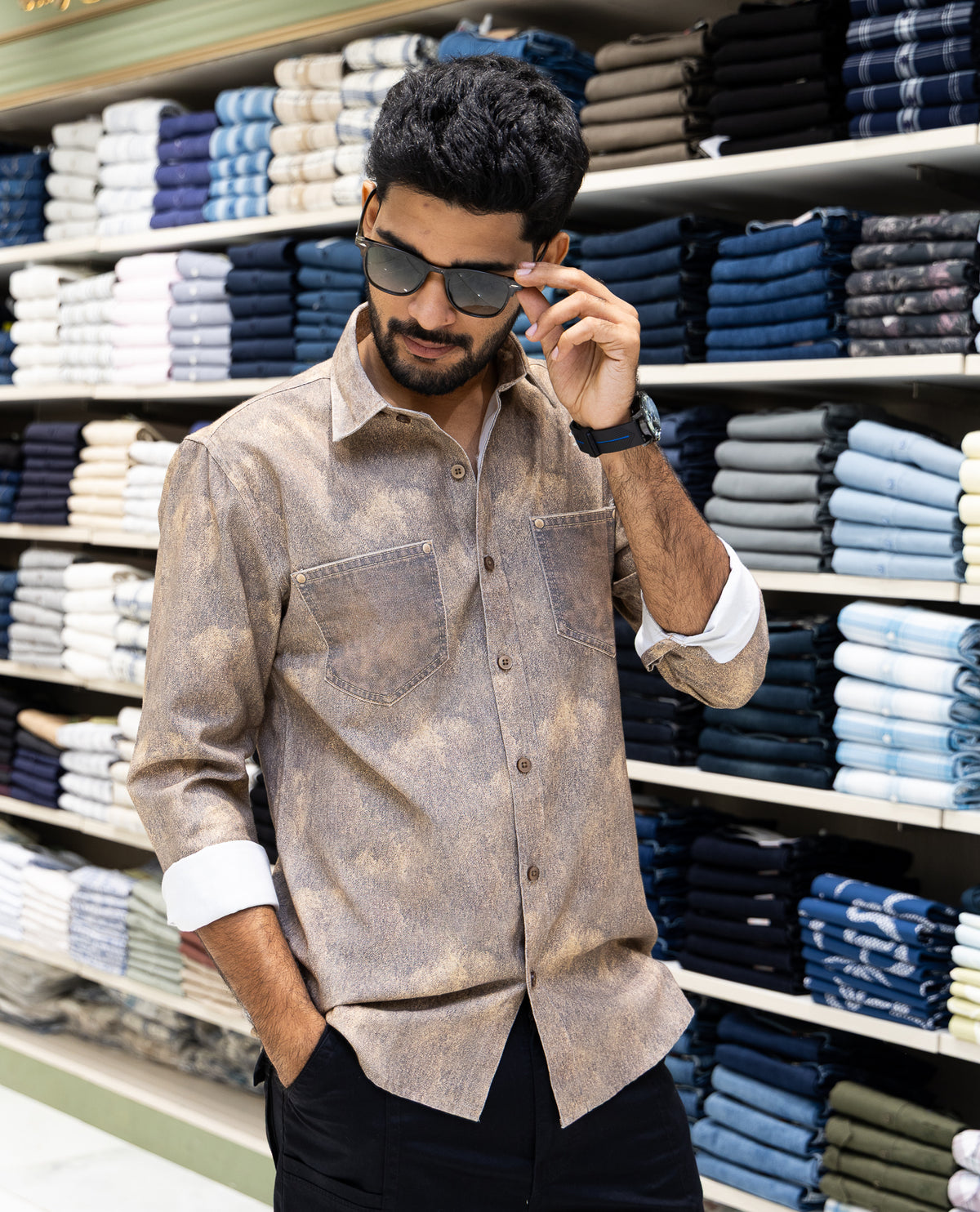 Brown Denim Cotton-Blended Casual-Shirt