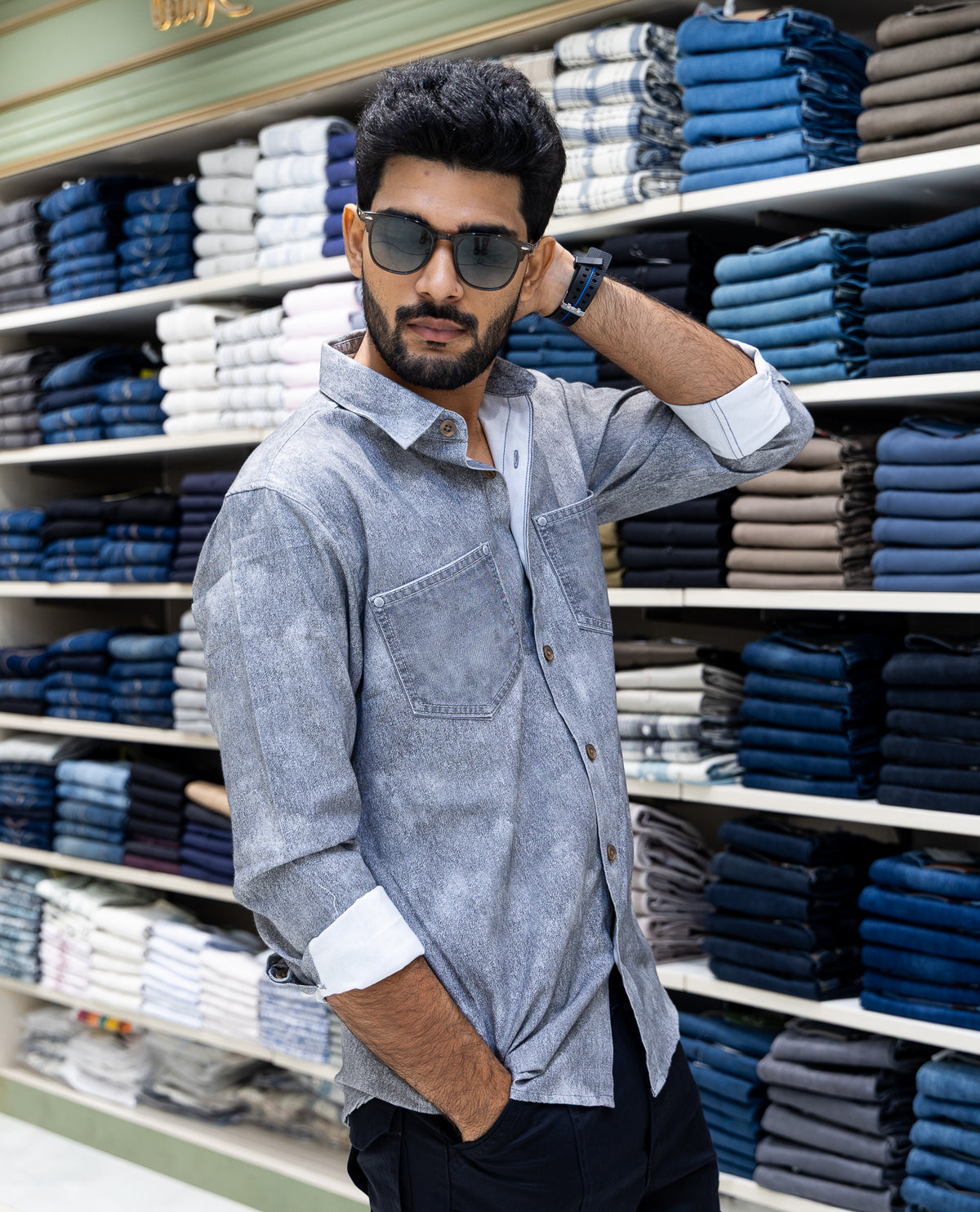 Grey Denim Cotton-Blended Casual-Shirt