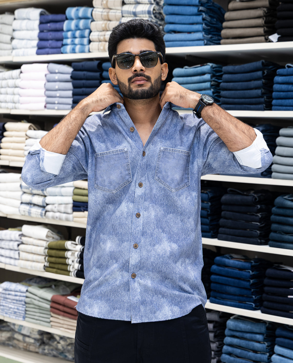 Blue Denim Cotton-Blended Casual-Shirt