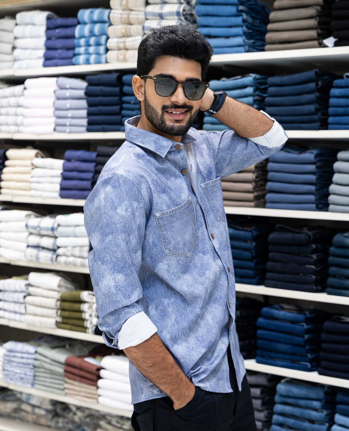 Blue Denim Cotton-Blended Casual-Shirt