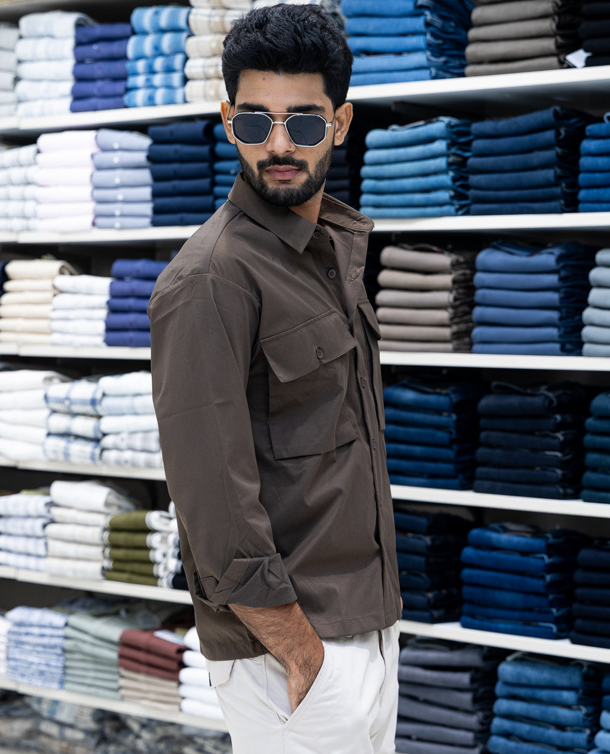 Brown Double Pockets Poly-Blended Casual Shirt