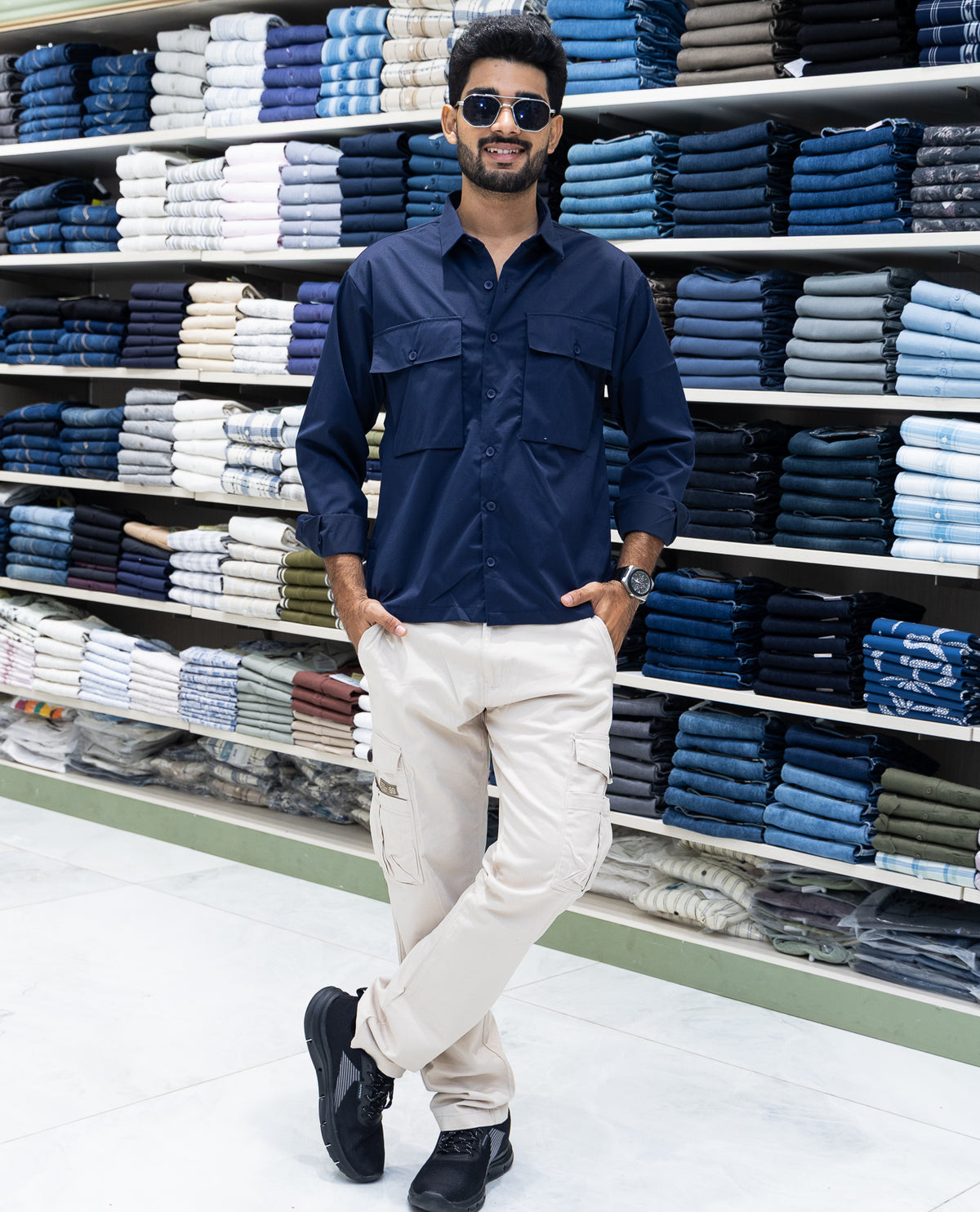 Navy Poly-Blended Casual Shirt