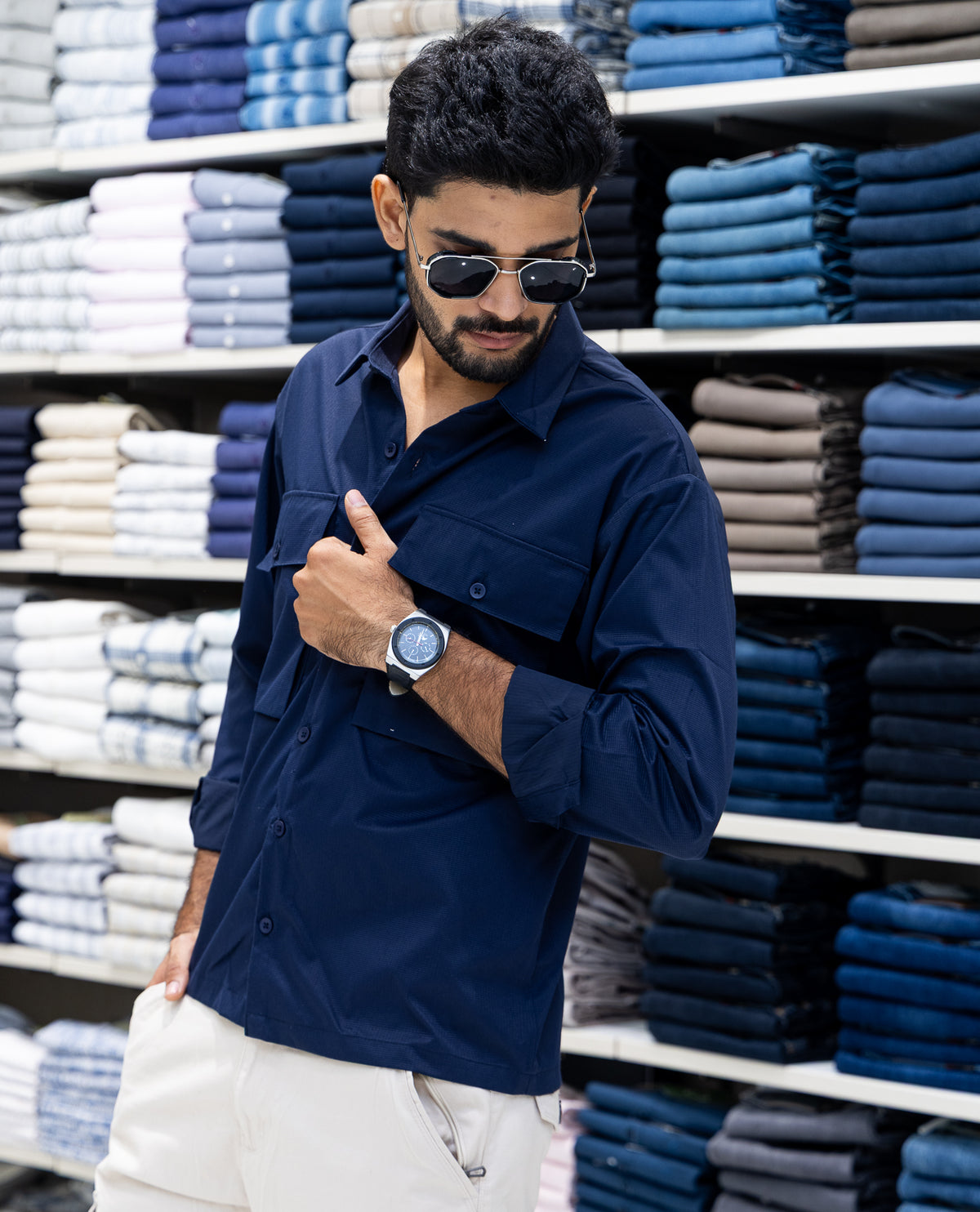 Navy Poly-Blended Casual Shirt