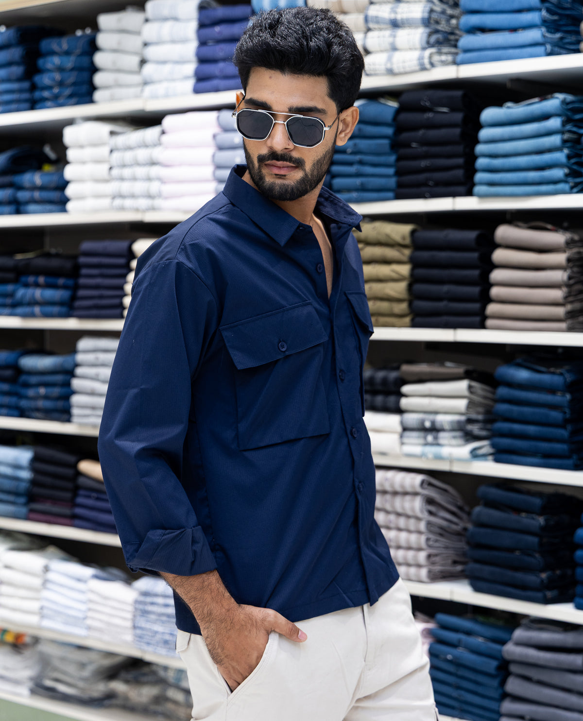 Navy Poly-Blended Casual Shirt