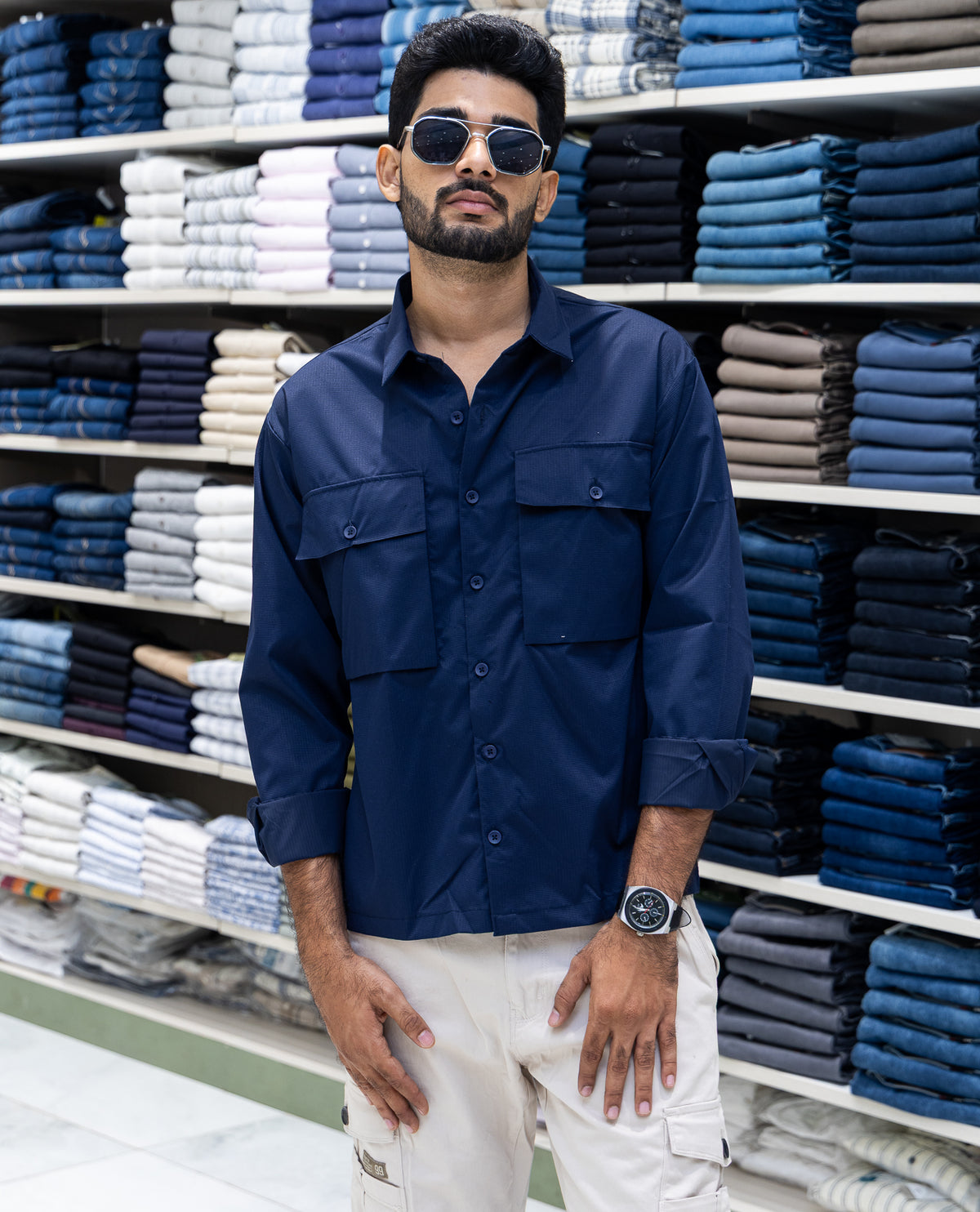 Navy Poly-Blended Casual Shirt