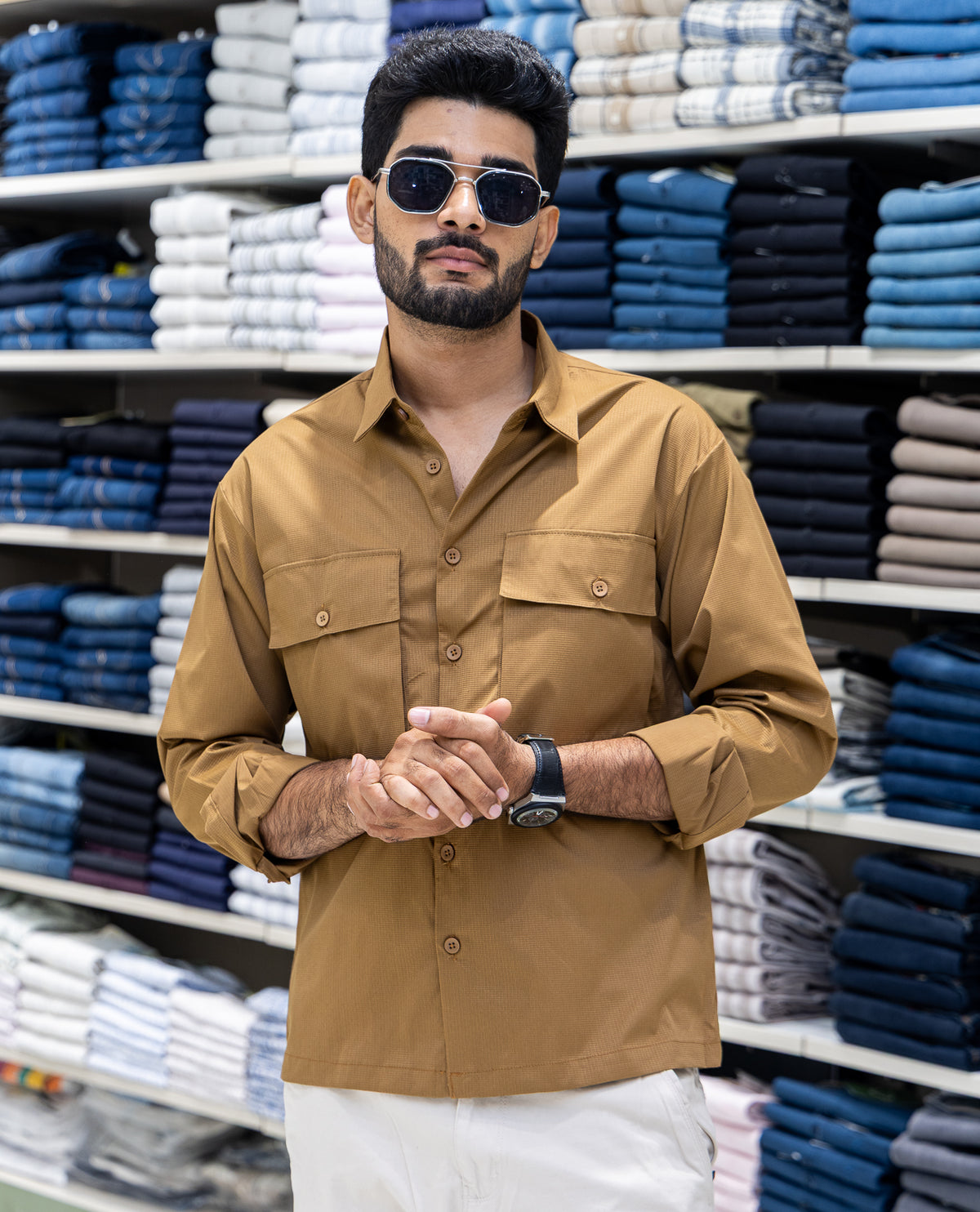 Coffee Poly-Blended Casual Shirt