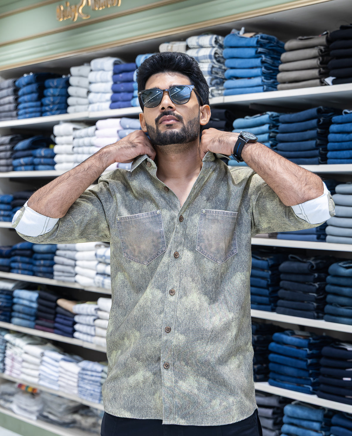 Green Denim Cotton-Blended Casual-Shirt