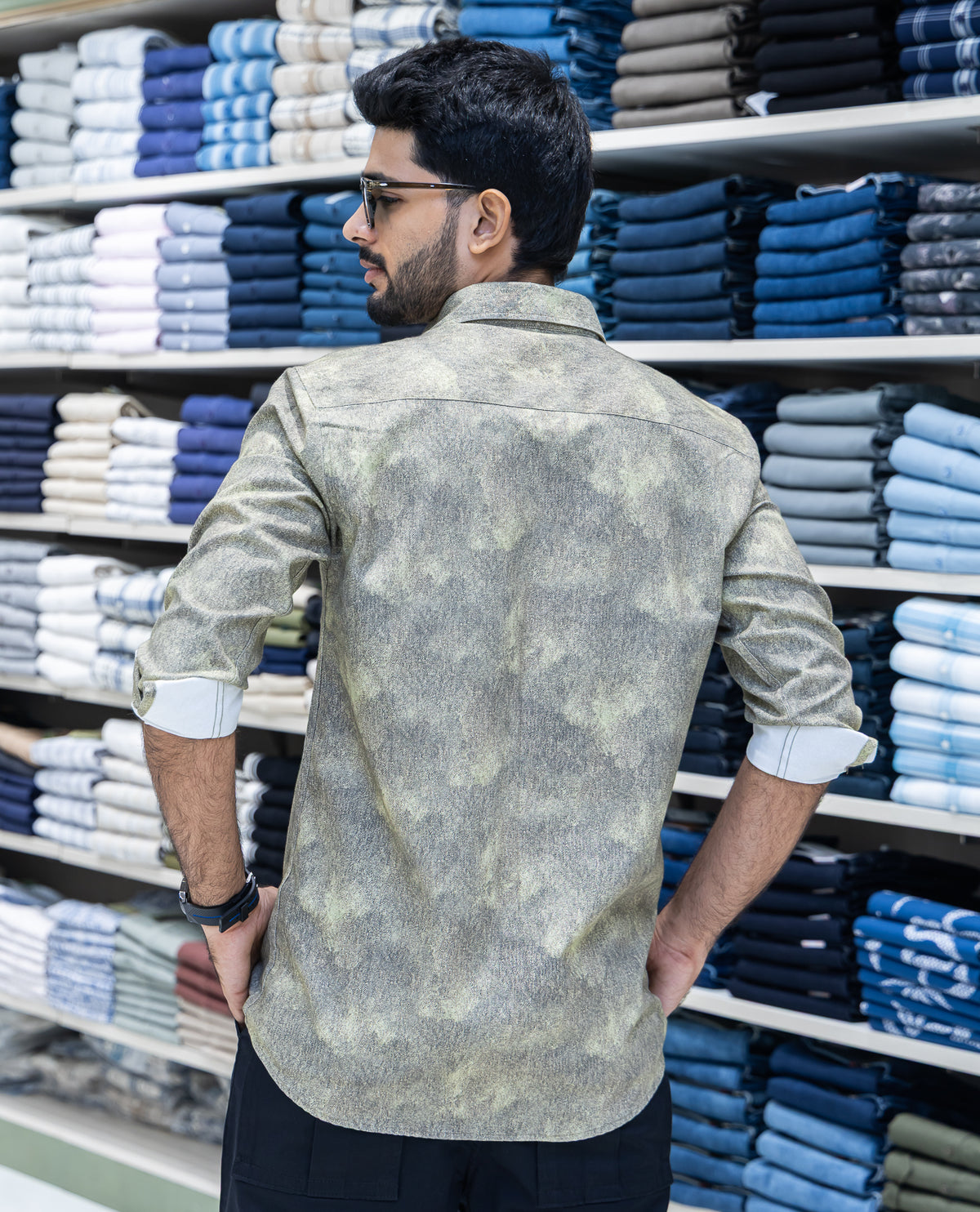 Green Denim Cotton-Blended Casual-Shirt