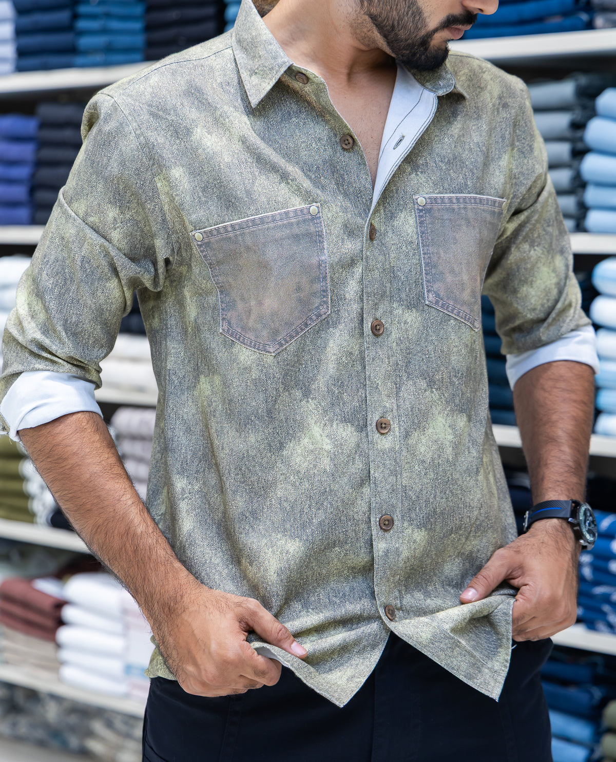 Green Denim Cotton-Blended Casual-Shirt