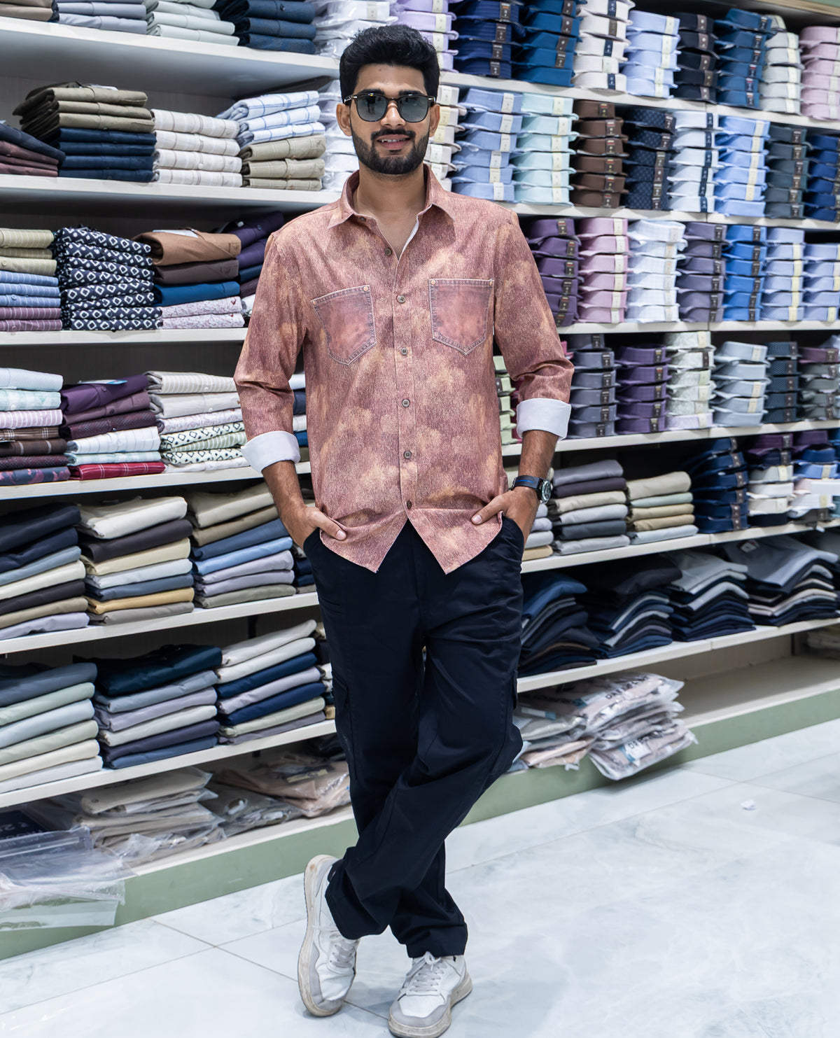 Red Denim Cotton-Blended Casual-Shirt