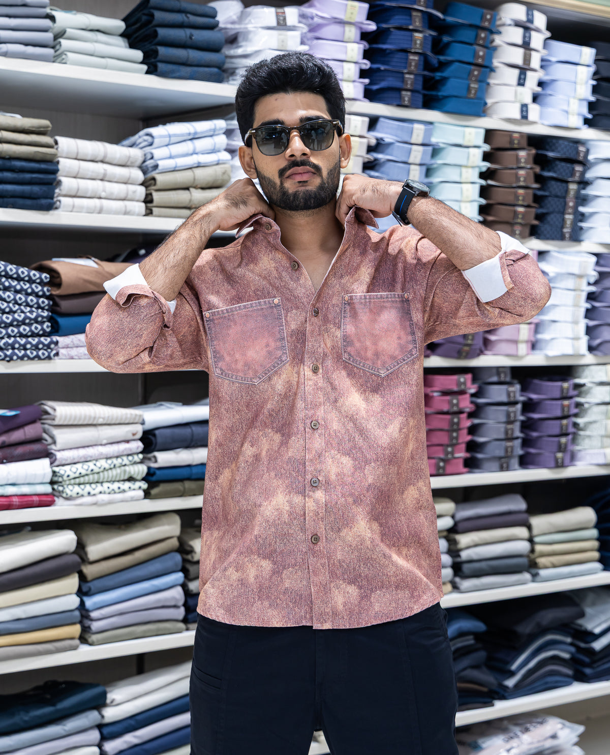 Red Denim Cotton-Blended Casual-Shirt