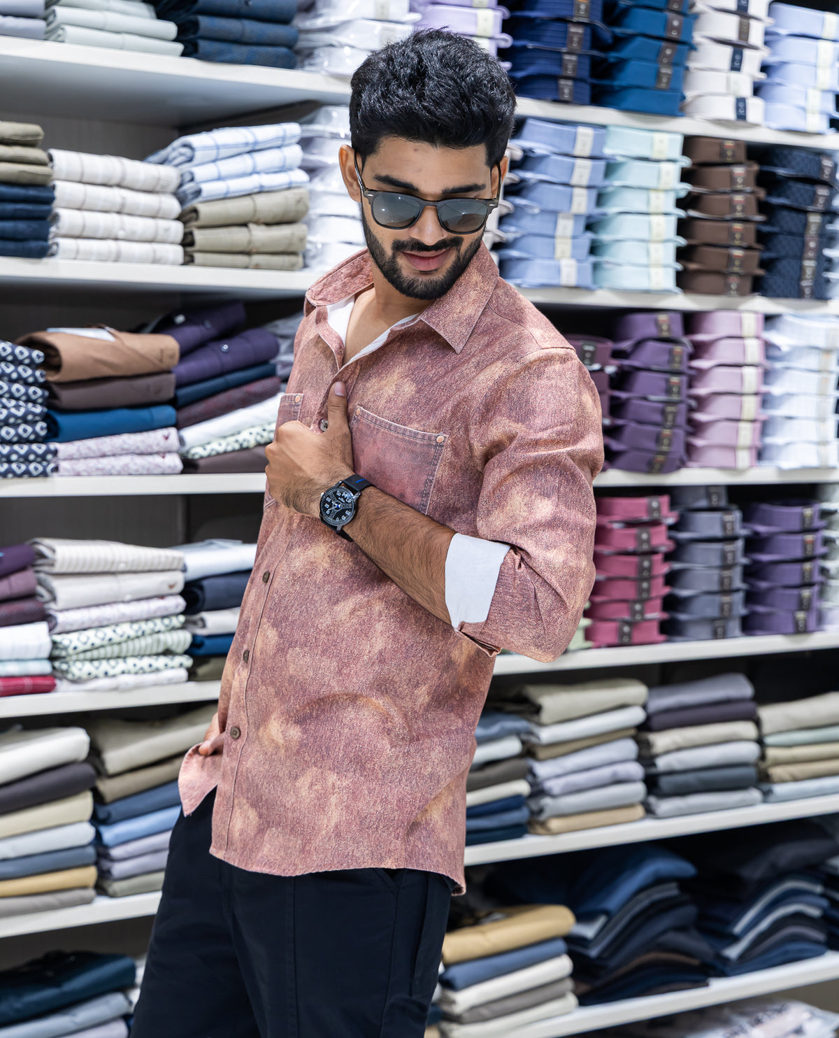 Red Denim Cotton-Blended Casual-Shirt