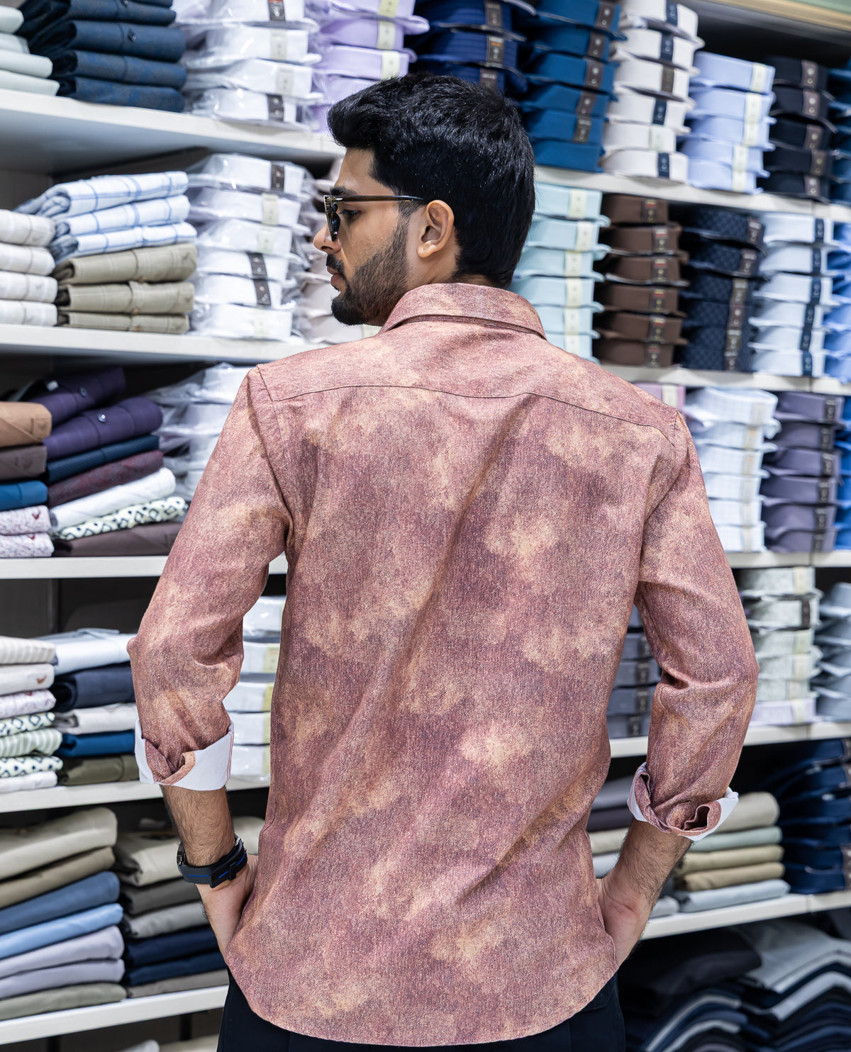 Red Denim Cotton-Blended Casual-Shirt