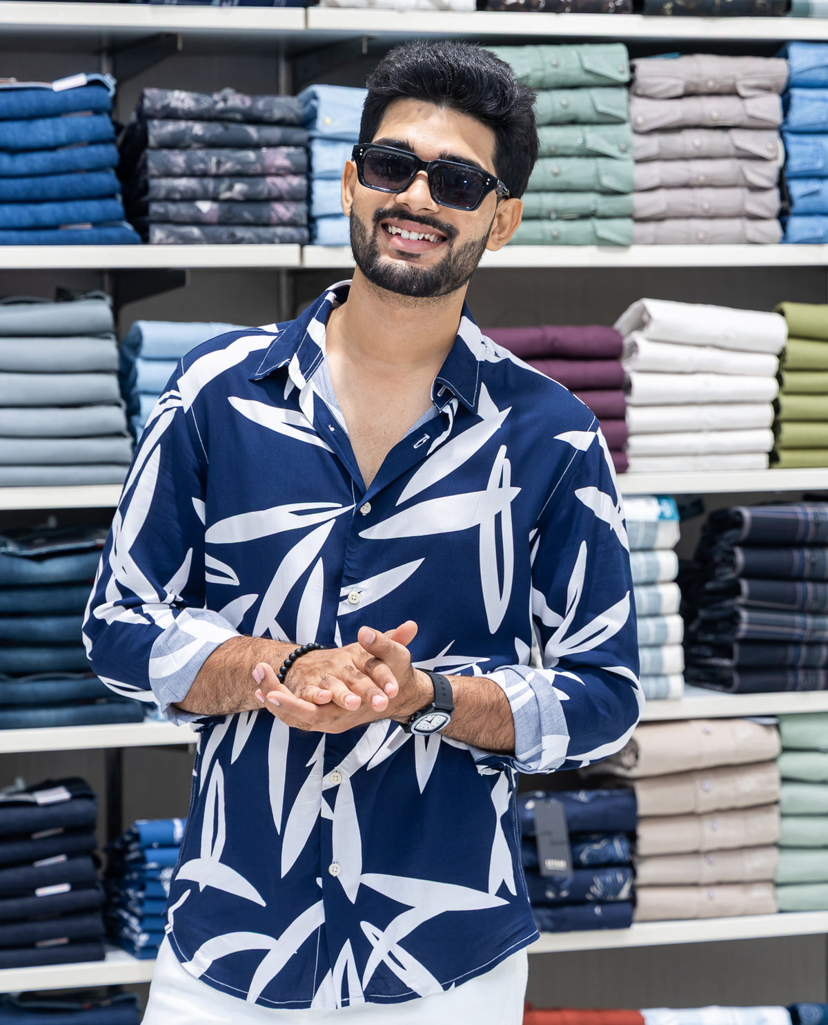 Navy Blue Viscose-Blended Casual Shirt