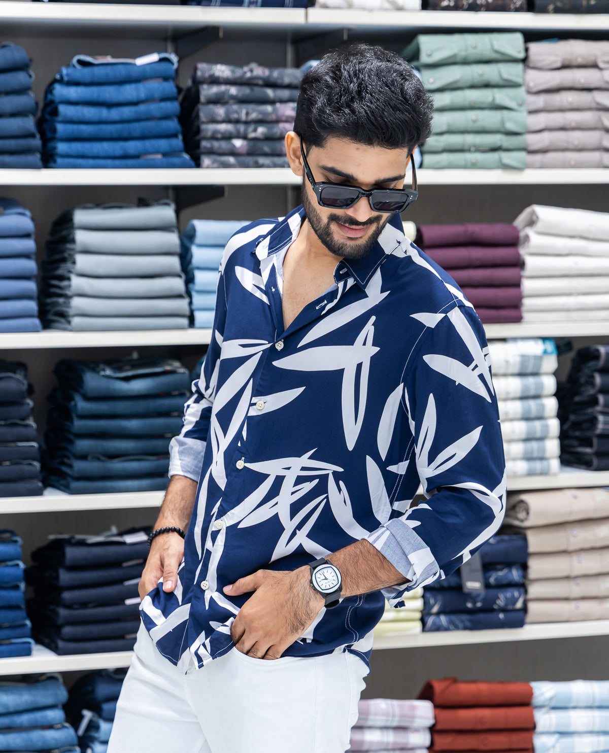 Navy Blue Viscose-Blended Casual Shirt