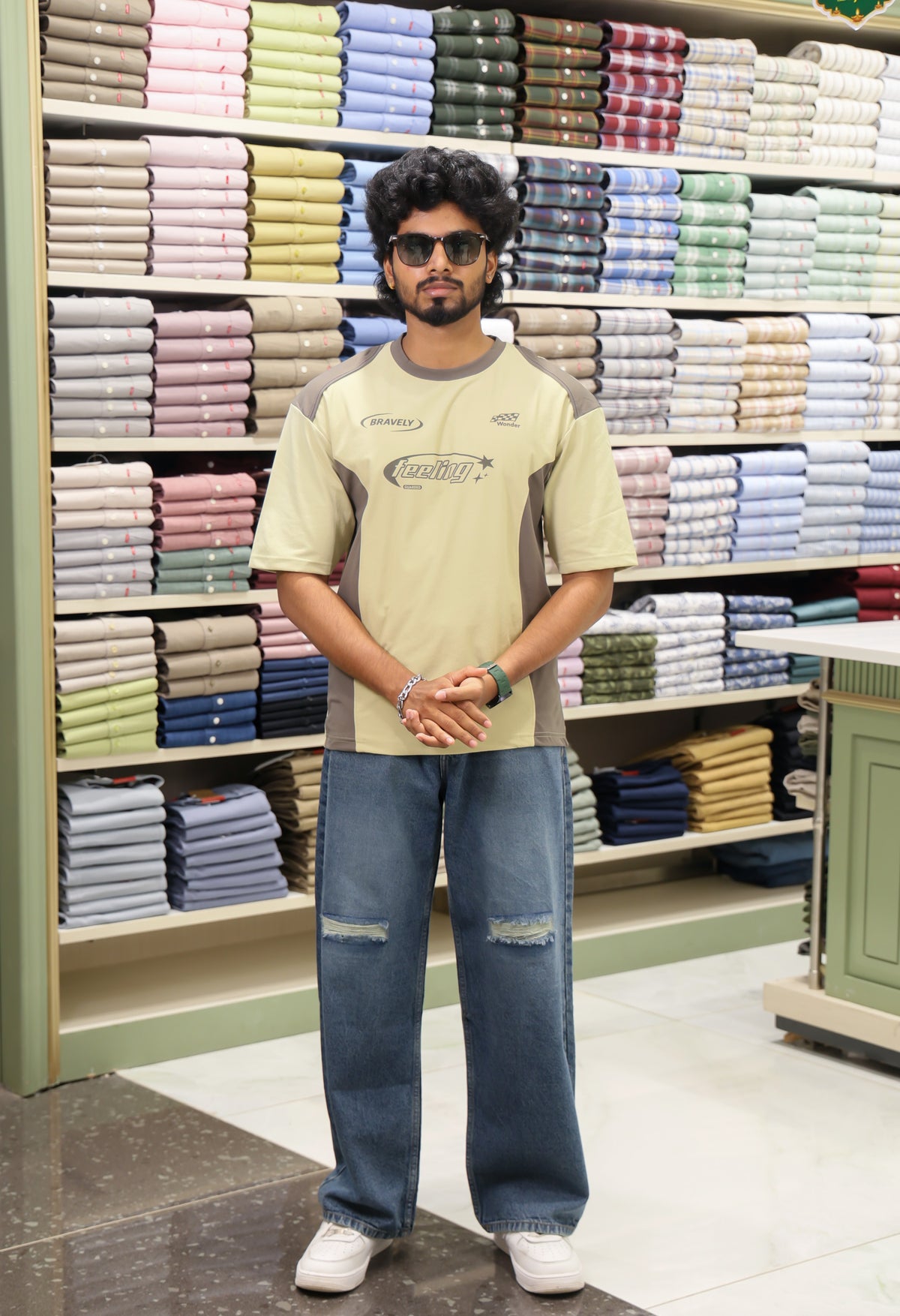 Light Green Cotton-Blended Cut-And-Sew T-Shirt