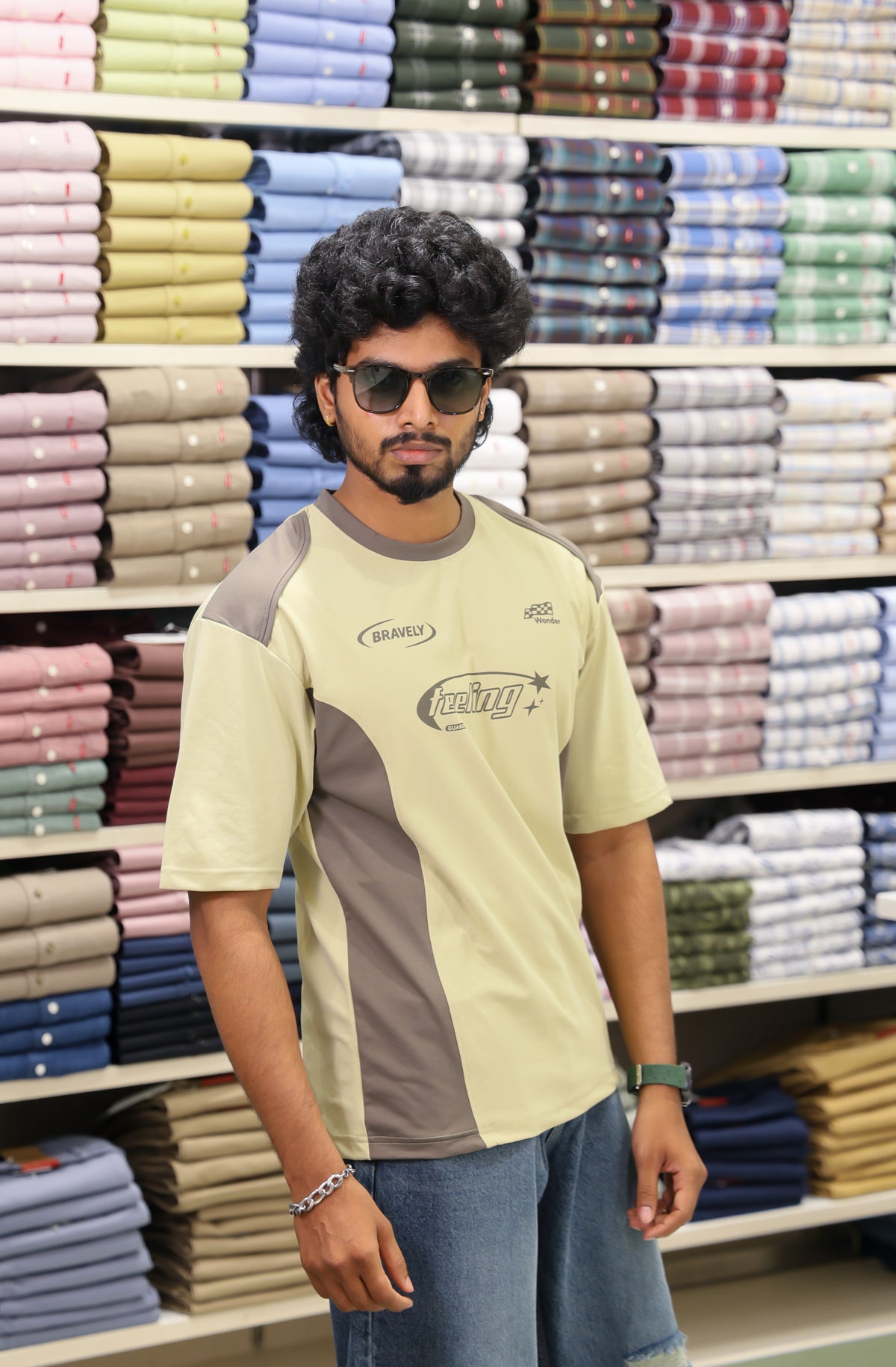 Light Green Cotton-Blended Cut-And-Sew T-Shirt