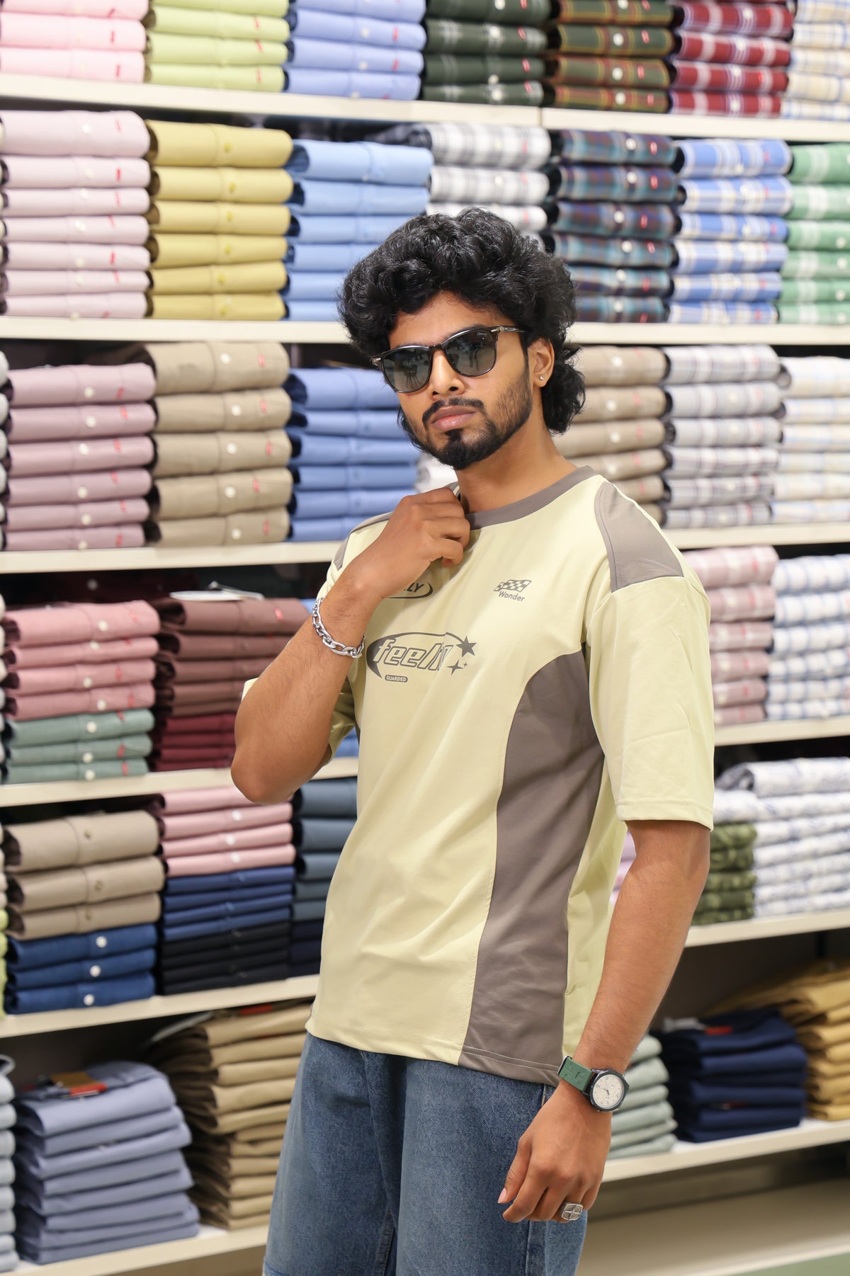 Light Green Cotton-Blended Cut-And-Sew T-Shirt
