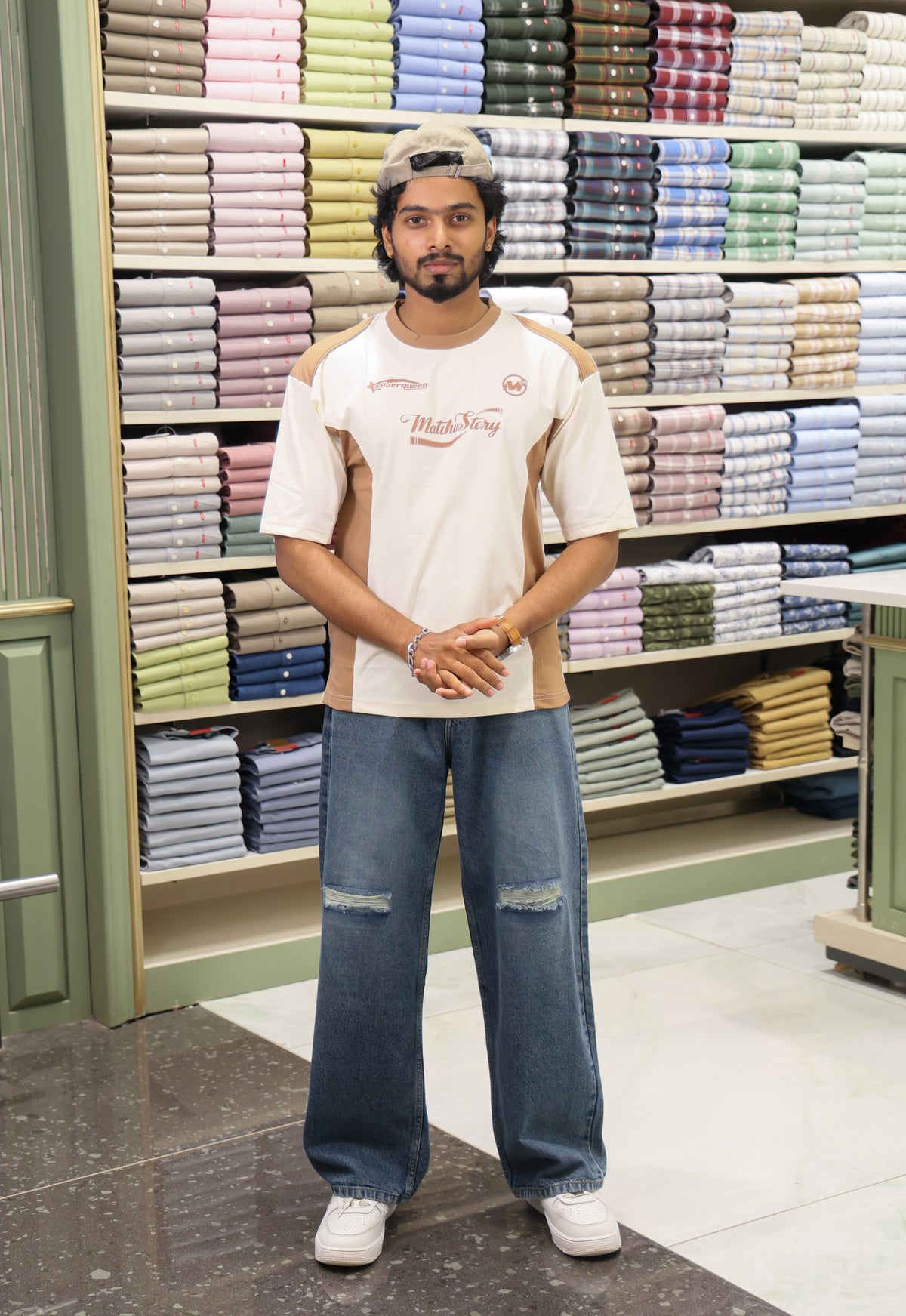 Cream Cotton-Blended Cut-And-Sew T-Shirt