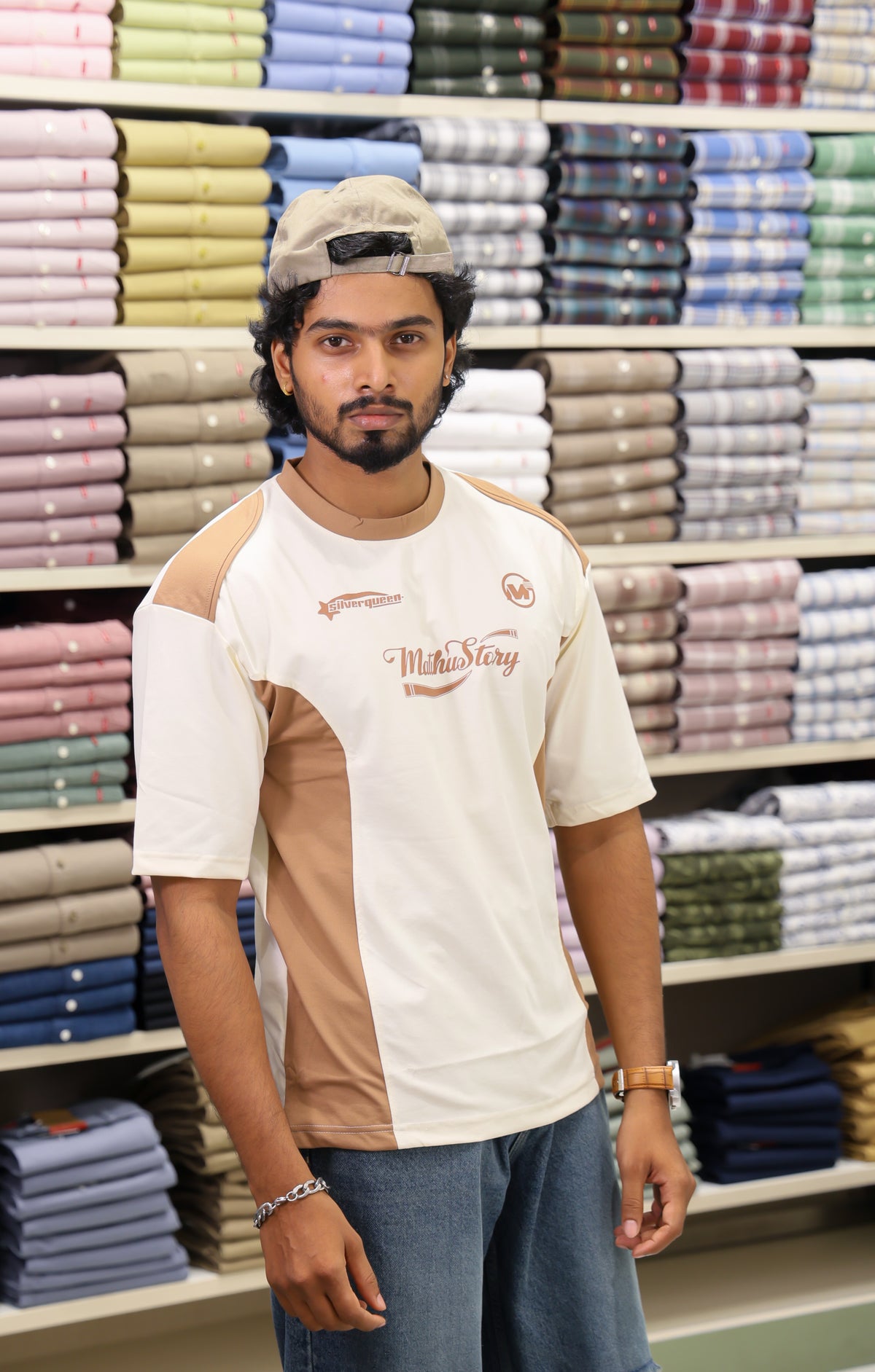 Cream Cotton-Blended Cut-And-Sew T-Shirt