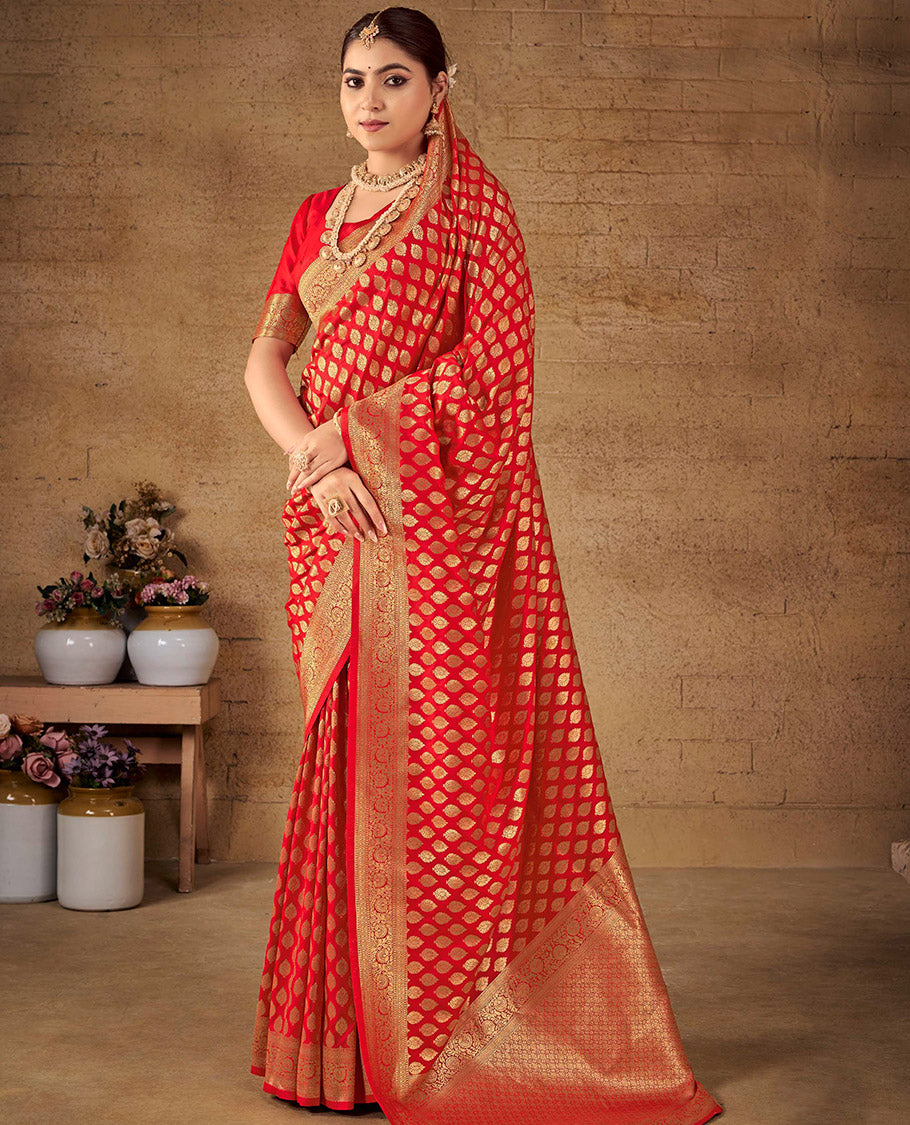 Red Semi Banaras Silk Designer Catalog Saree, Decorated with Zari Buttas, Highlighted by a Zari Floral Creeper Border, Pallu of Intricate Designs, and a Matching Blouse