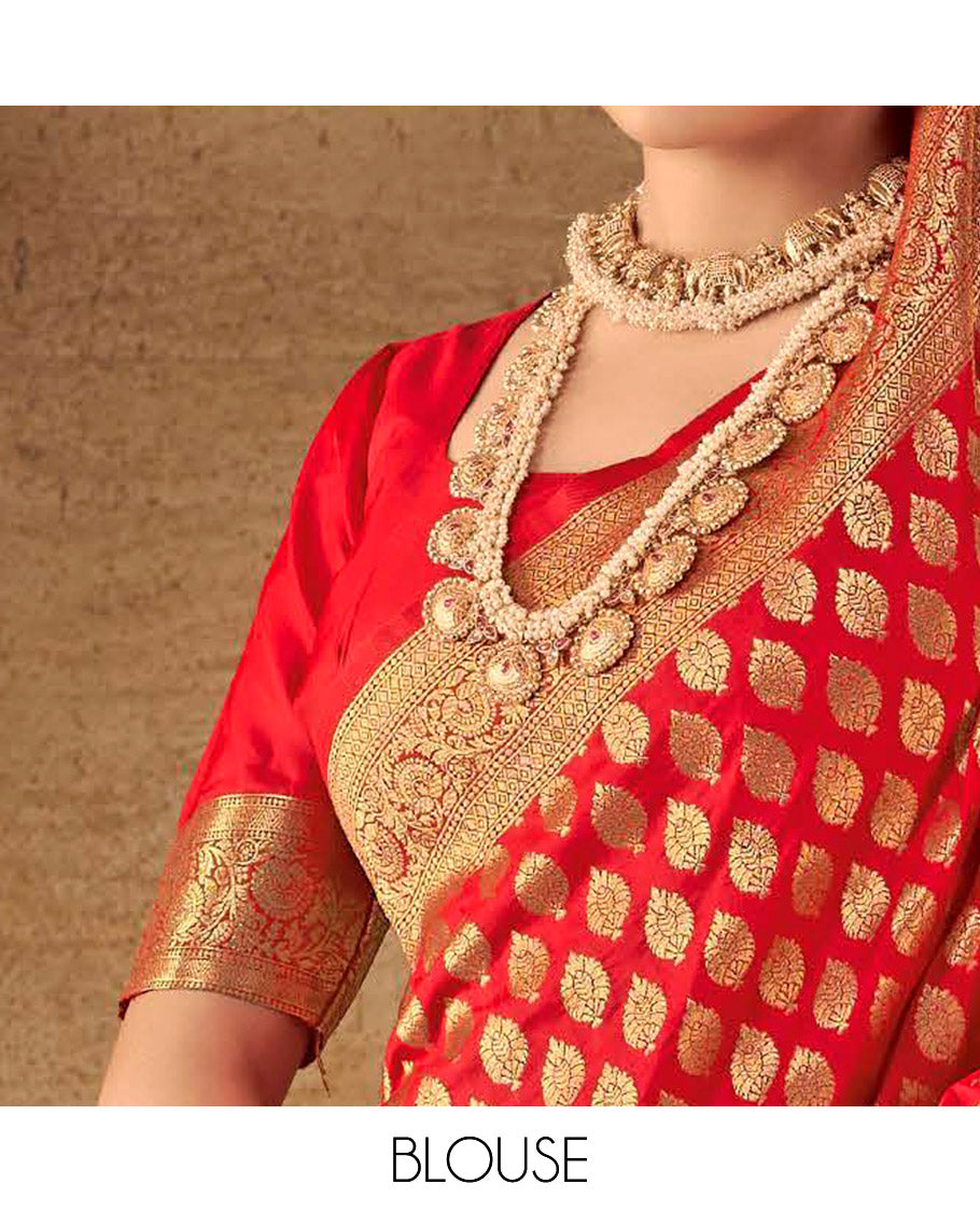 Red Semi Banaras Silk Designer Catalog Saree, Decorated with Zari Buttas, Highlighted by a Zari Floral Creeper Border, Pallu of Intricate Designs, and a Matching Blouse