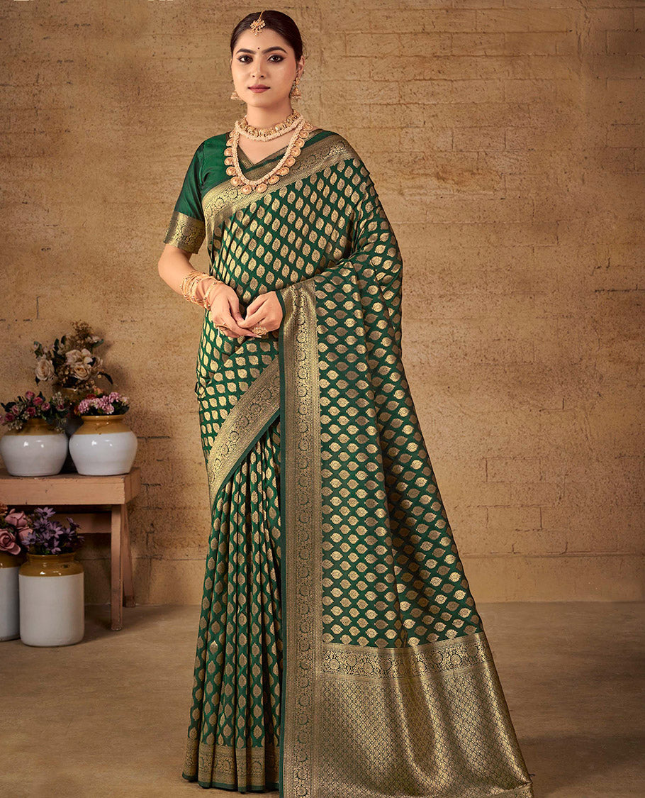 Green Semi Banaras Silk Designer Catalog Saree, Decked Up with Zari Buttas, Highlighted by a Zari Floral Creeper Border, Pallu of Intricate Designs, and a Matching Blouse