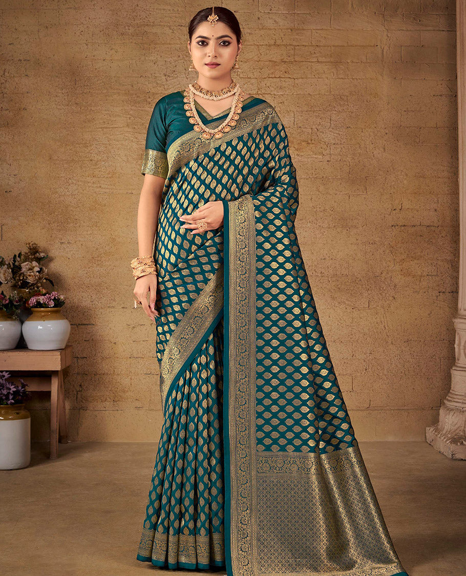 Peacock Blue Semi Banaras Silk Designer Catalog Saree, Delicately Woven with Zari Buttas, Highlighted by a Zari Floral Creeper Border, Pallu of Intricate Designs, and a Matching Blouse