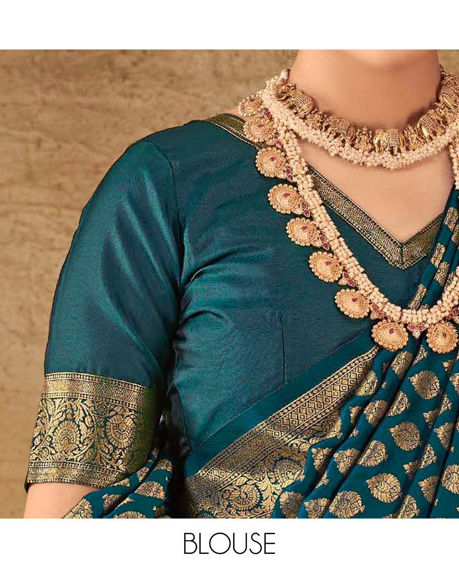 Peacock Blue Semi Banaras Silk Designer Catalog Saree, Delicately Woven with Zari Buttas, Highlighted by a Zari Floral Creeper Border, Pallu of Intricate Designs, and a Matching Blouse