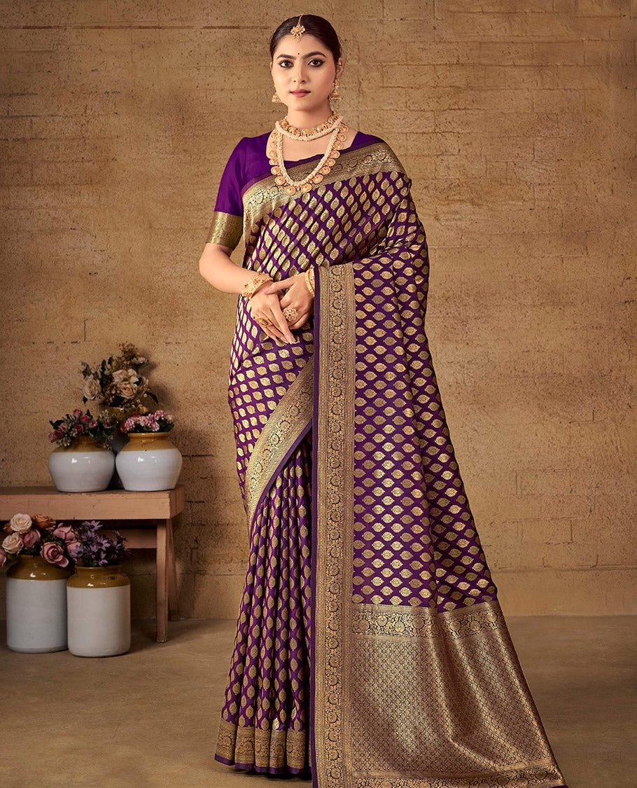 Purple Semi Banaras Silk Designer Catalog Saree, Spotlighted with Zari Buttas, Highlighted by a Zari Floral Creeper Border, Pallu of Intricate Designs, and a Matching Blouse