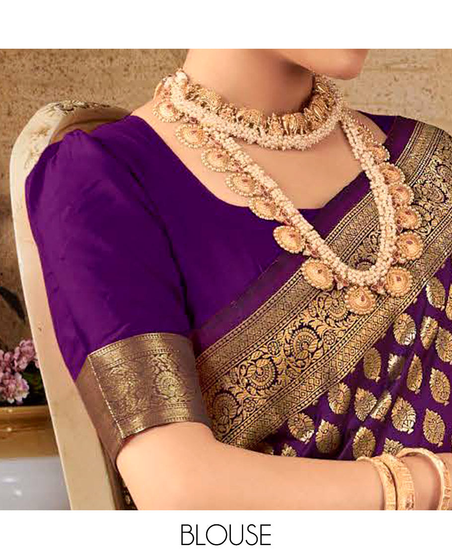 Purple Semi Banaras Silk Designer Catalog Saree, Spotlighted with Zari Buttas, Highlighted by a Zari Floral Creeper Border, Pallu of Intricate Designs, and a Matching Blouse