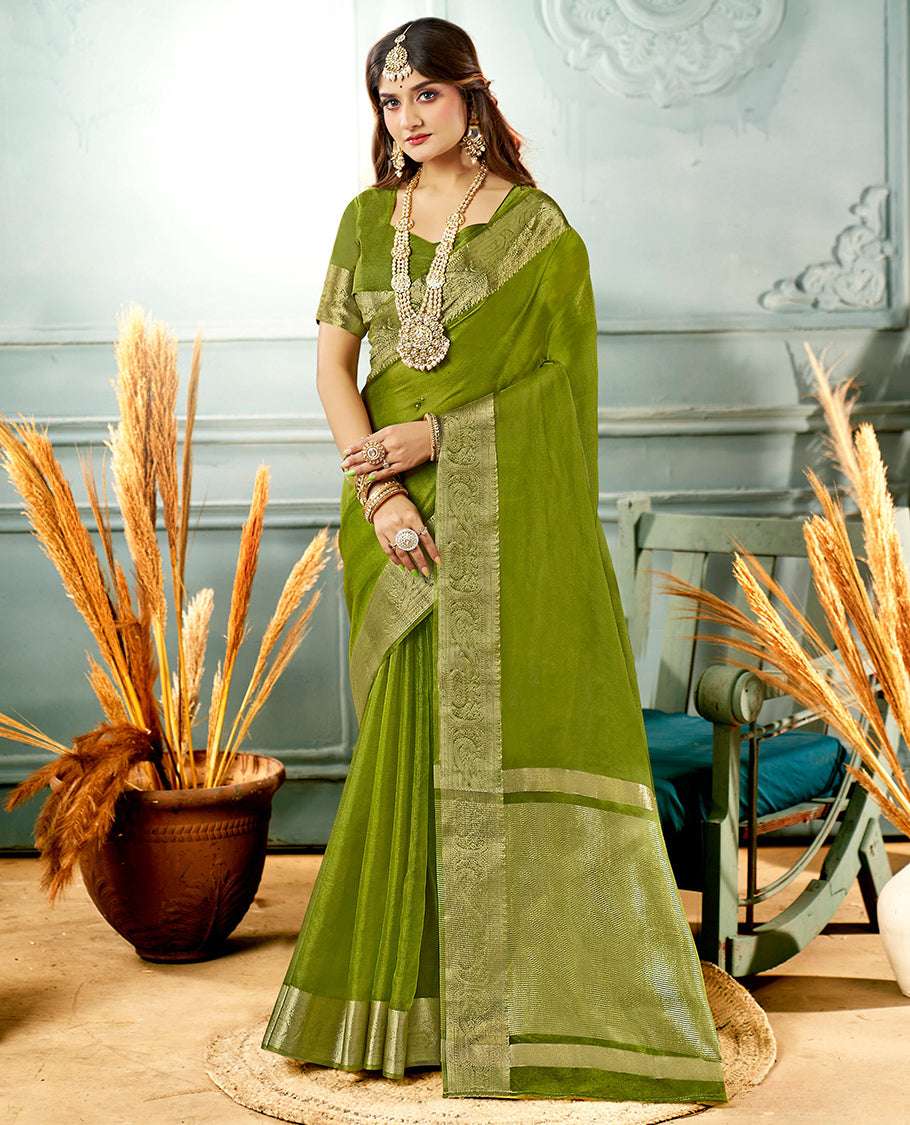 Parrot Green Plain Crushed Tissue Designer Catalog Saree