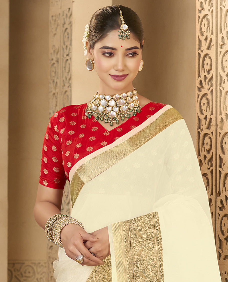 Cream Plain Fancy Organza Designer Catalog Saree