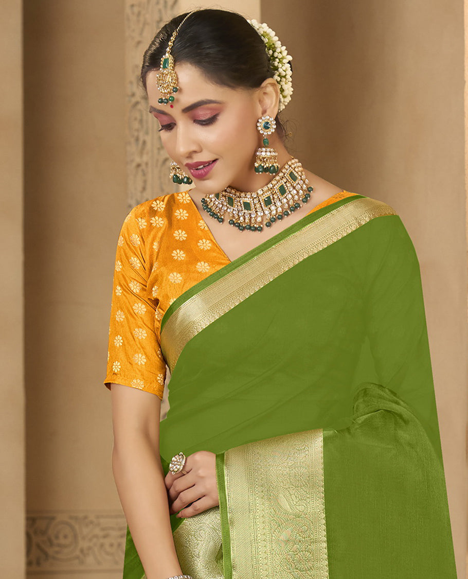 Parrot Green Plain Fancy Organza Designer Catalog Saree