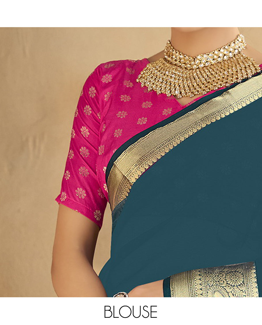 Peacock Blue Plain Fancy Organza Designer Catalog Saree