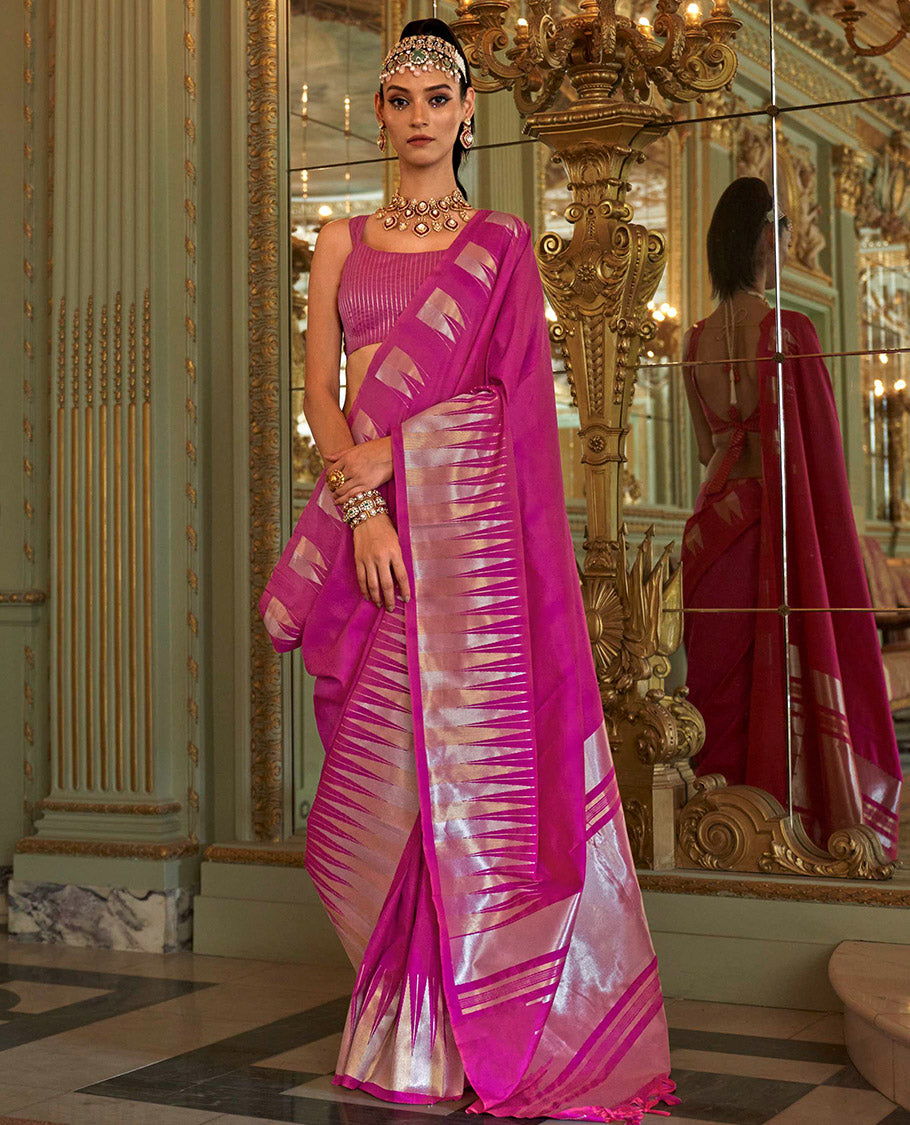 Rani Pink Plain Designer Saree, Complemented by a Gleaming Temple Zari Border, Scintillating Zari Decked Up Pallu, and Comes with a Matching Blouse
