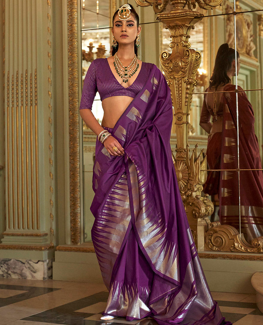 Purple Plain Designer Saree, Complemented by a Gleaming Temple Zari Border, Scintillating Zari Decked Up Pallu, and Comes with a Matching Blouse